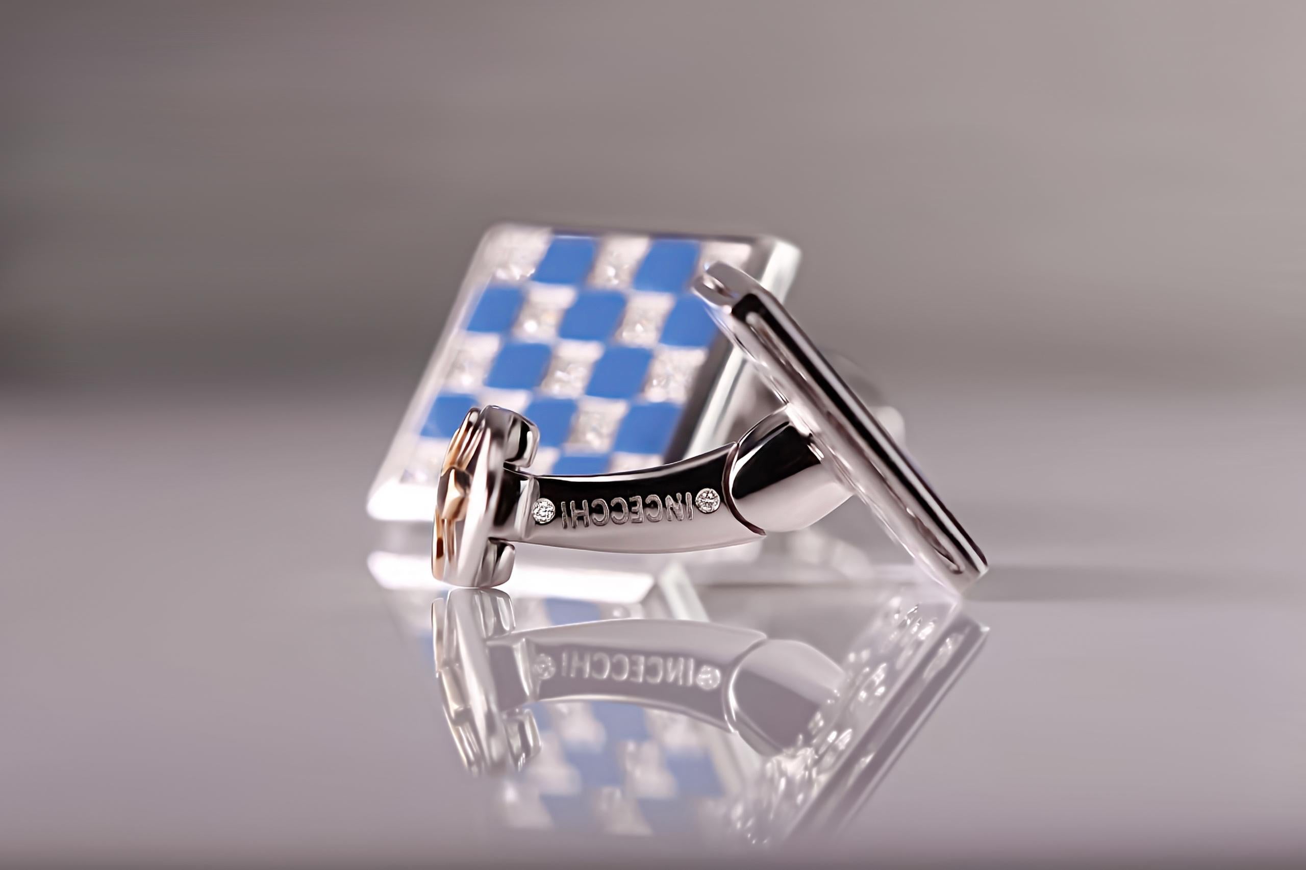 Round Cut 18kt White Gold Checkerboard Cufflinks with Blue Enamel & Diamonds For Sale