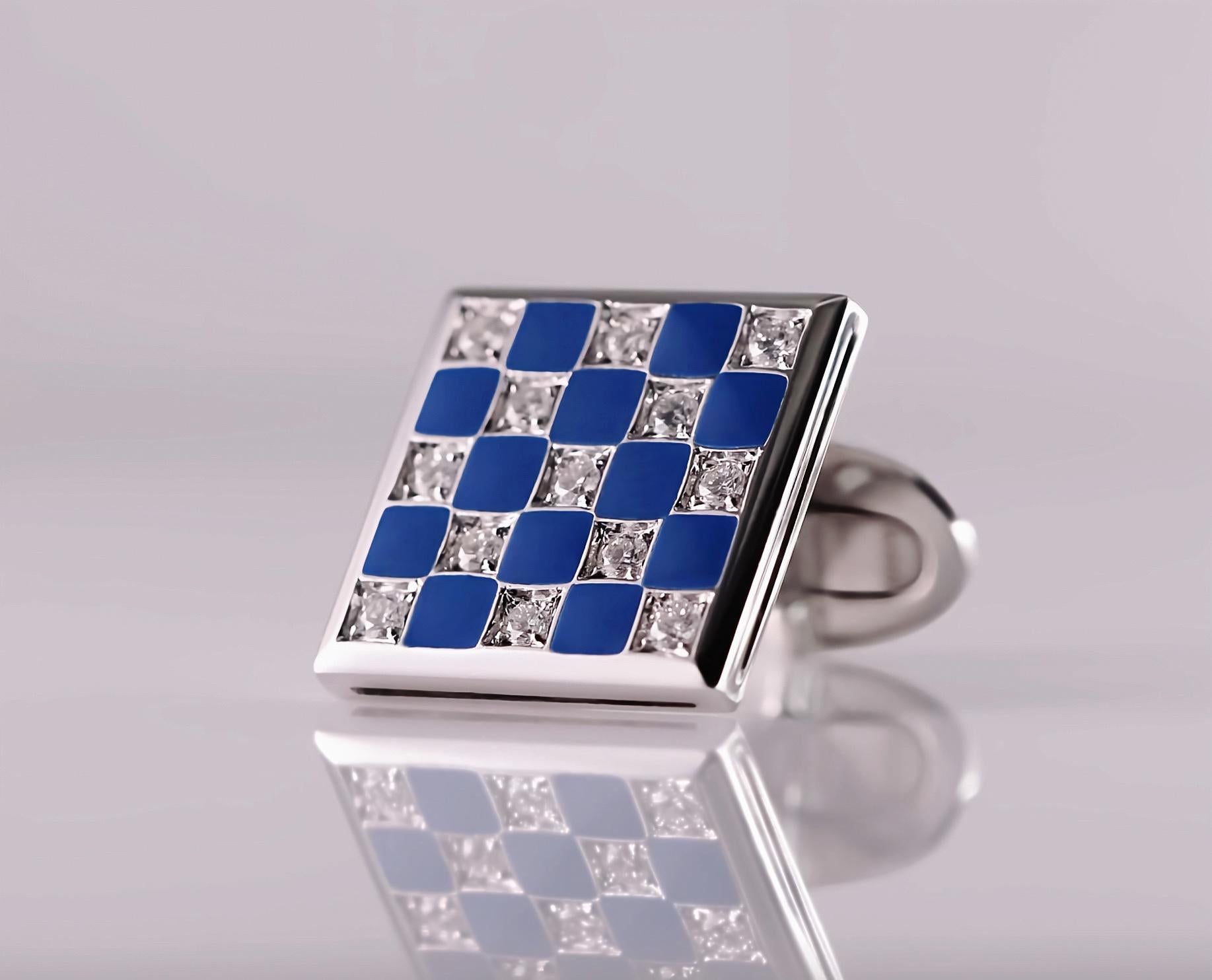 18kt White Gold Checkerboard Cufflinks with Blue Enamel & Diamonds In New Condition For Sale In Lugano, CH