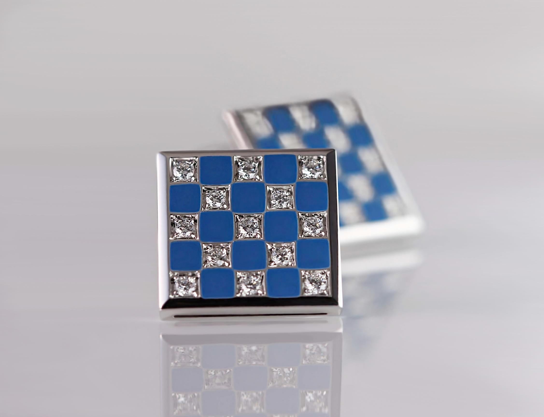 Women's or Men's 18kt White Gold Checkerboard Cufflinks with Blue Enamel & Diamonds For Sale