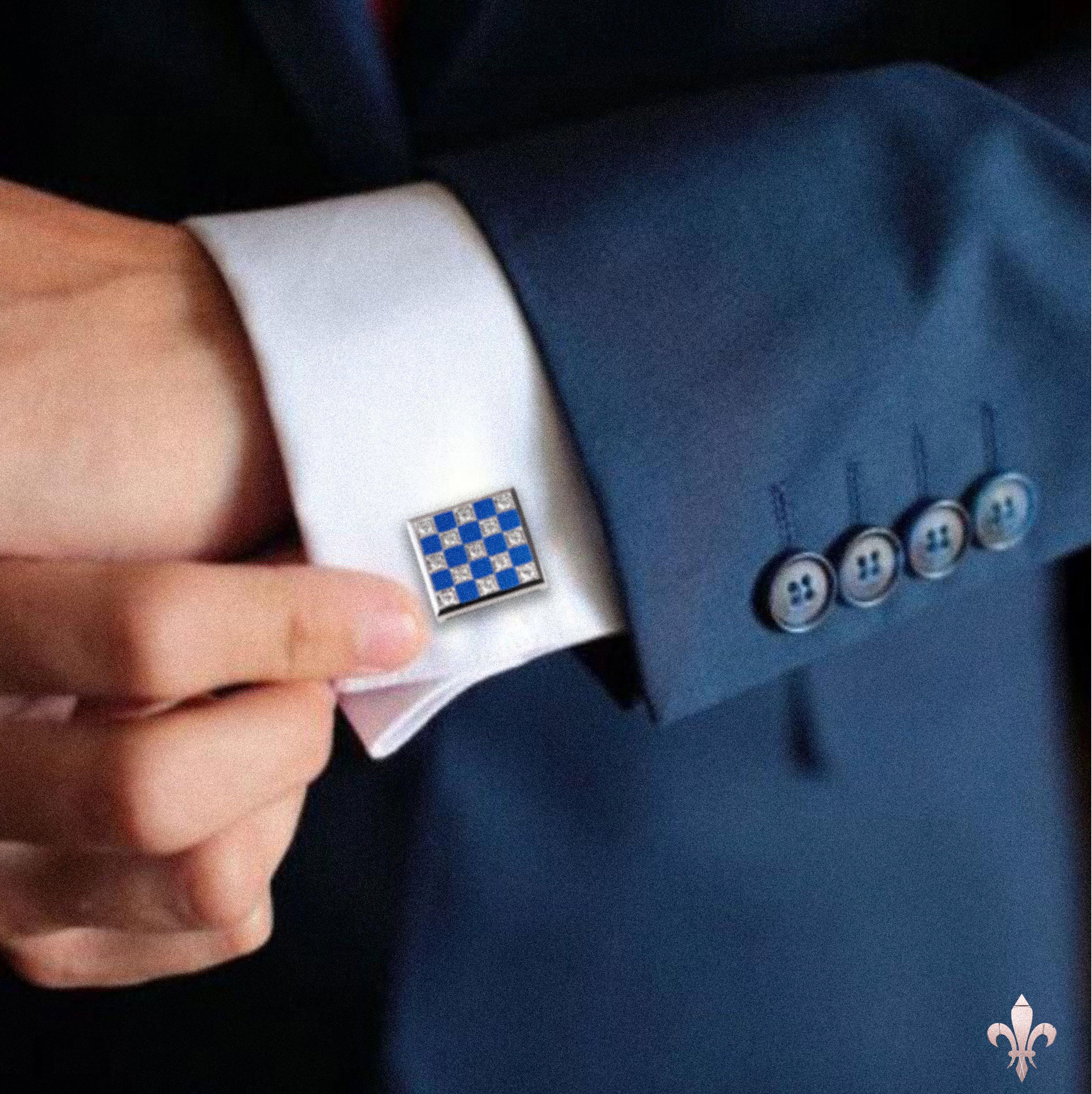 18kt White Gold Checkerboard Cufflinks with Blue Enamel & Diamonds For Sale 1