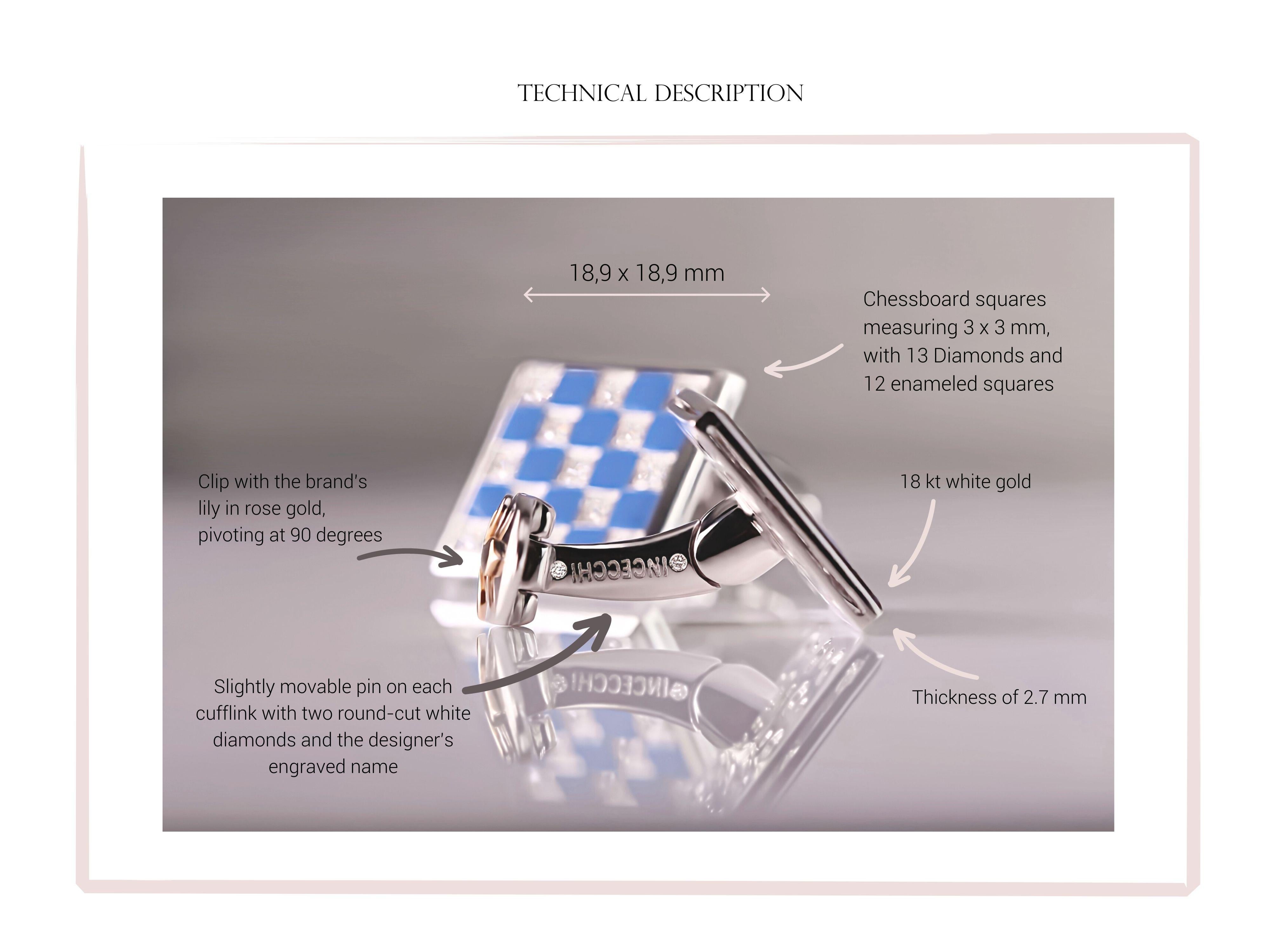 18kt White Gold Checkerboard Cufflinks with Blue Enamel & Diamonds For Sale 2