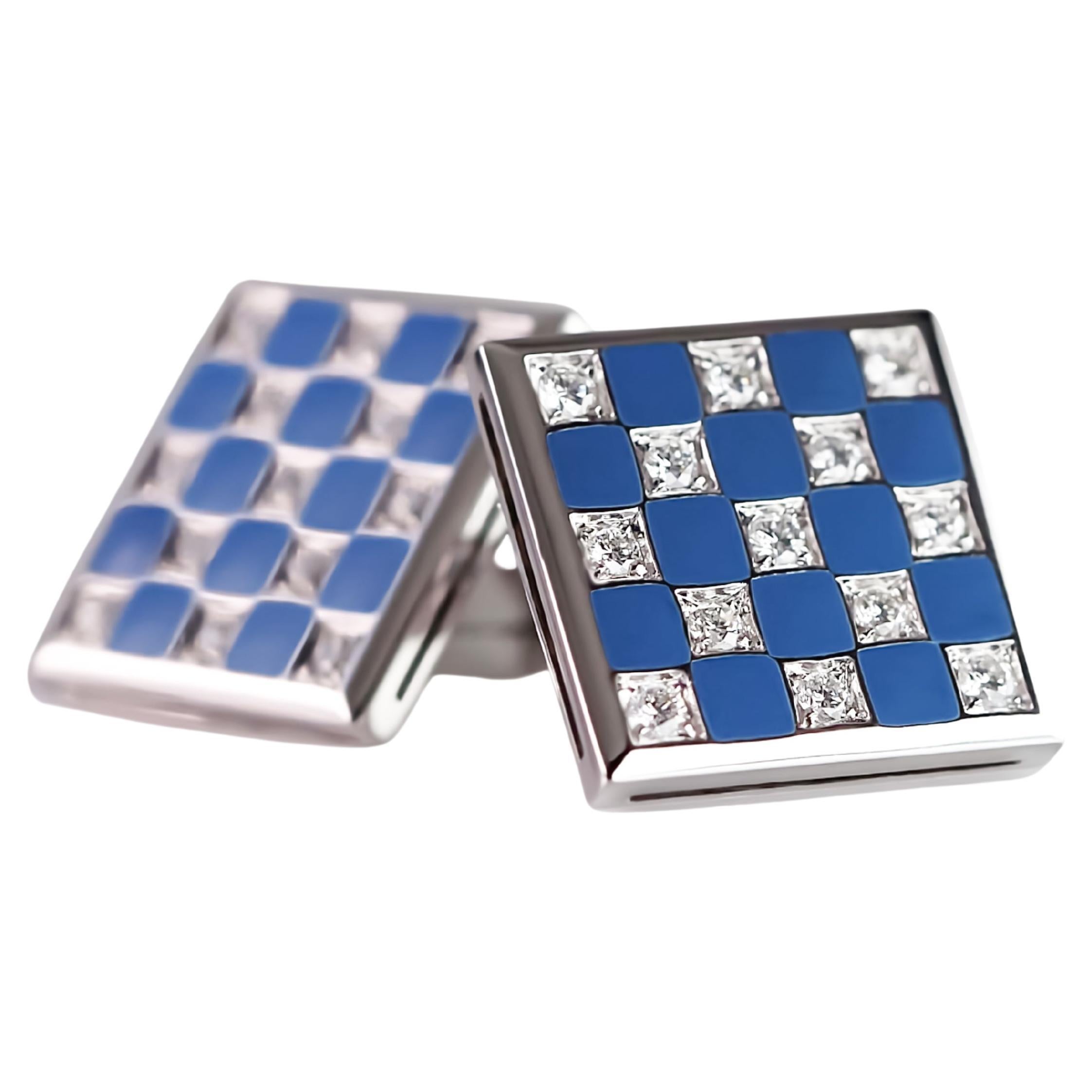 18kt White Gold Checkerboard Cufflinks with Blue Enamel & Diamonds For Sale