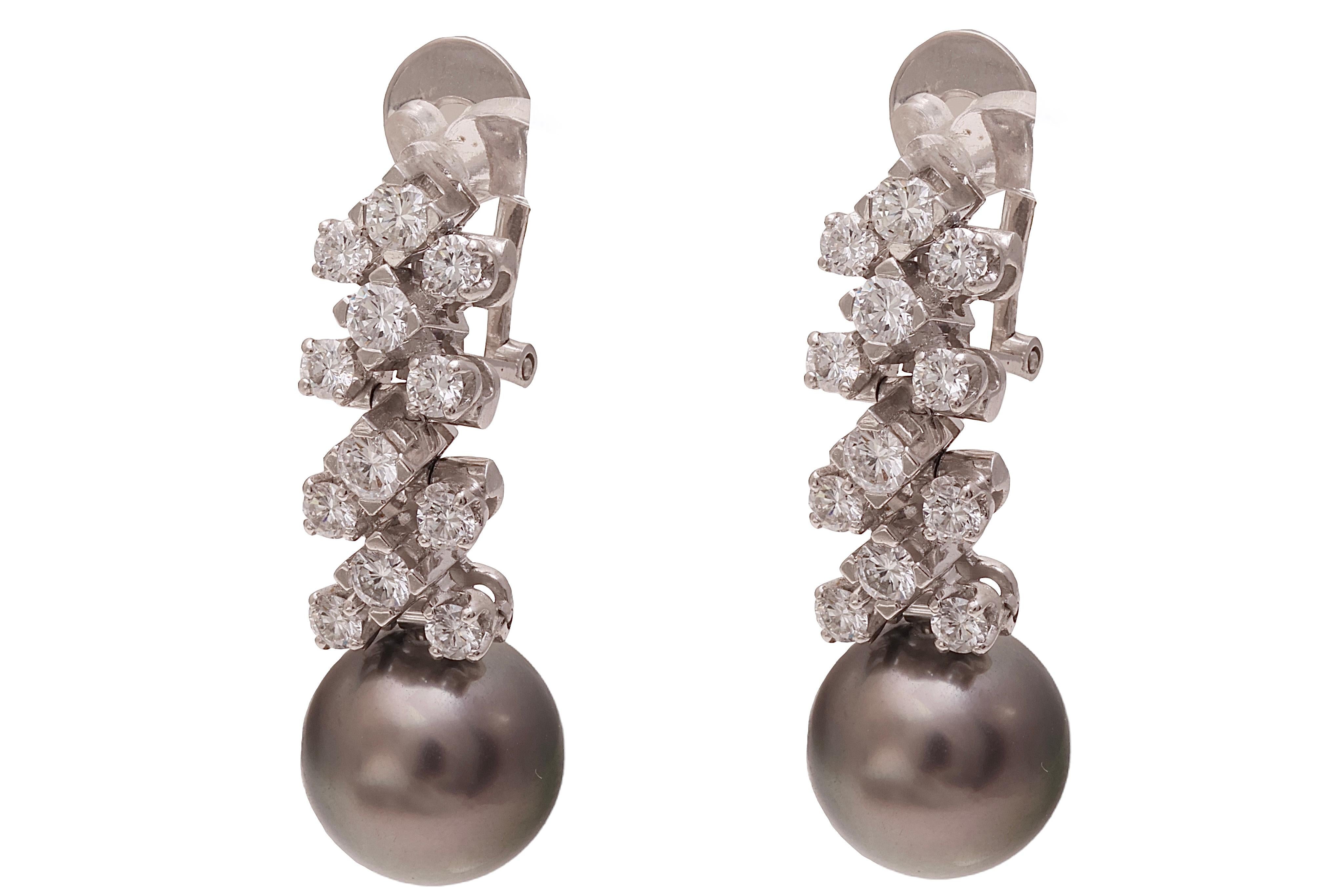 Modern 18kt White Gold Clip - On Earrings With 2.32 ct. Diamonds & Tahiti Pearls For Sale