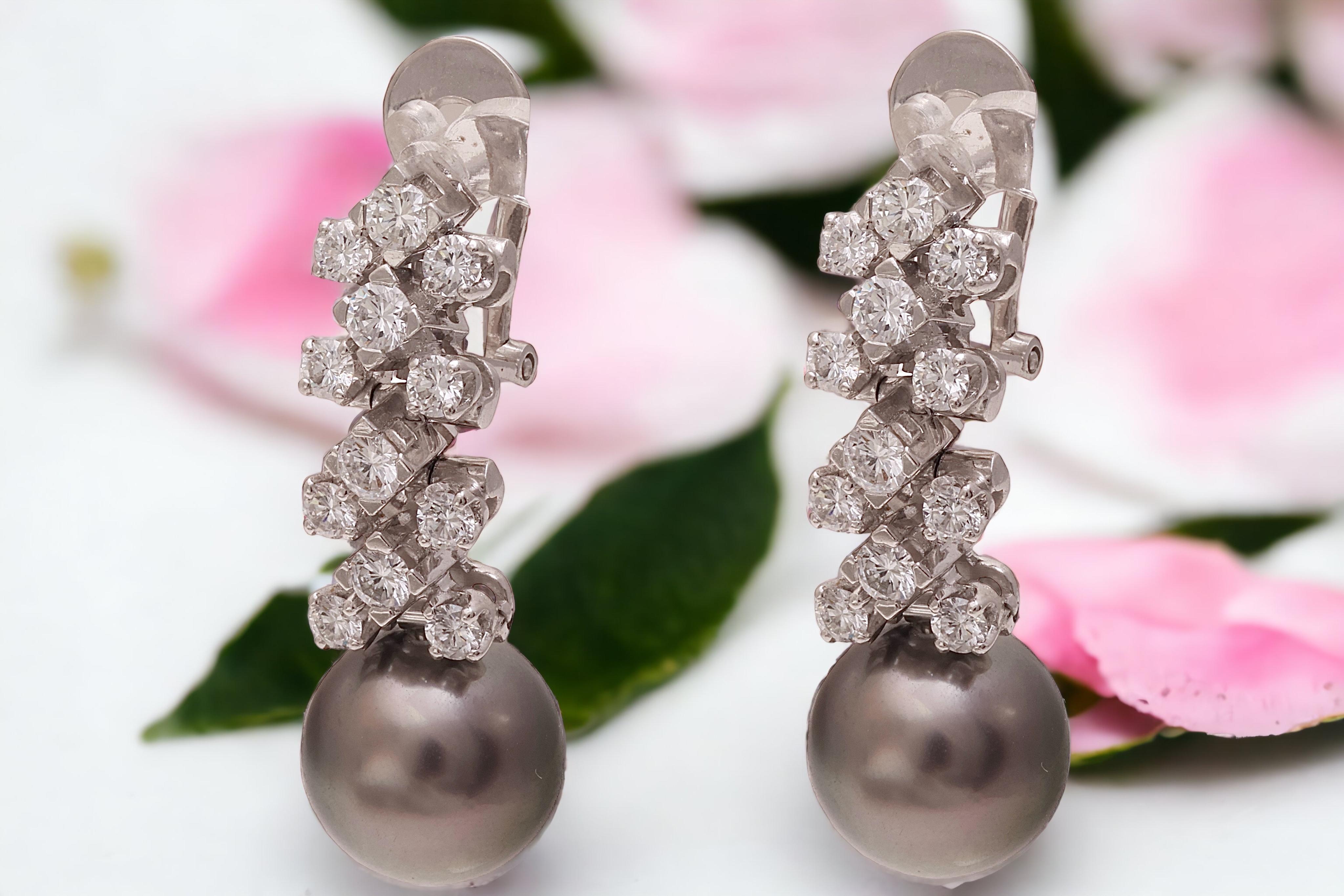 Women's 18kt White Gold Clip - On Earrings With 2.32 ct. Diamonds & Tahiti Pearls For Sale