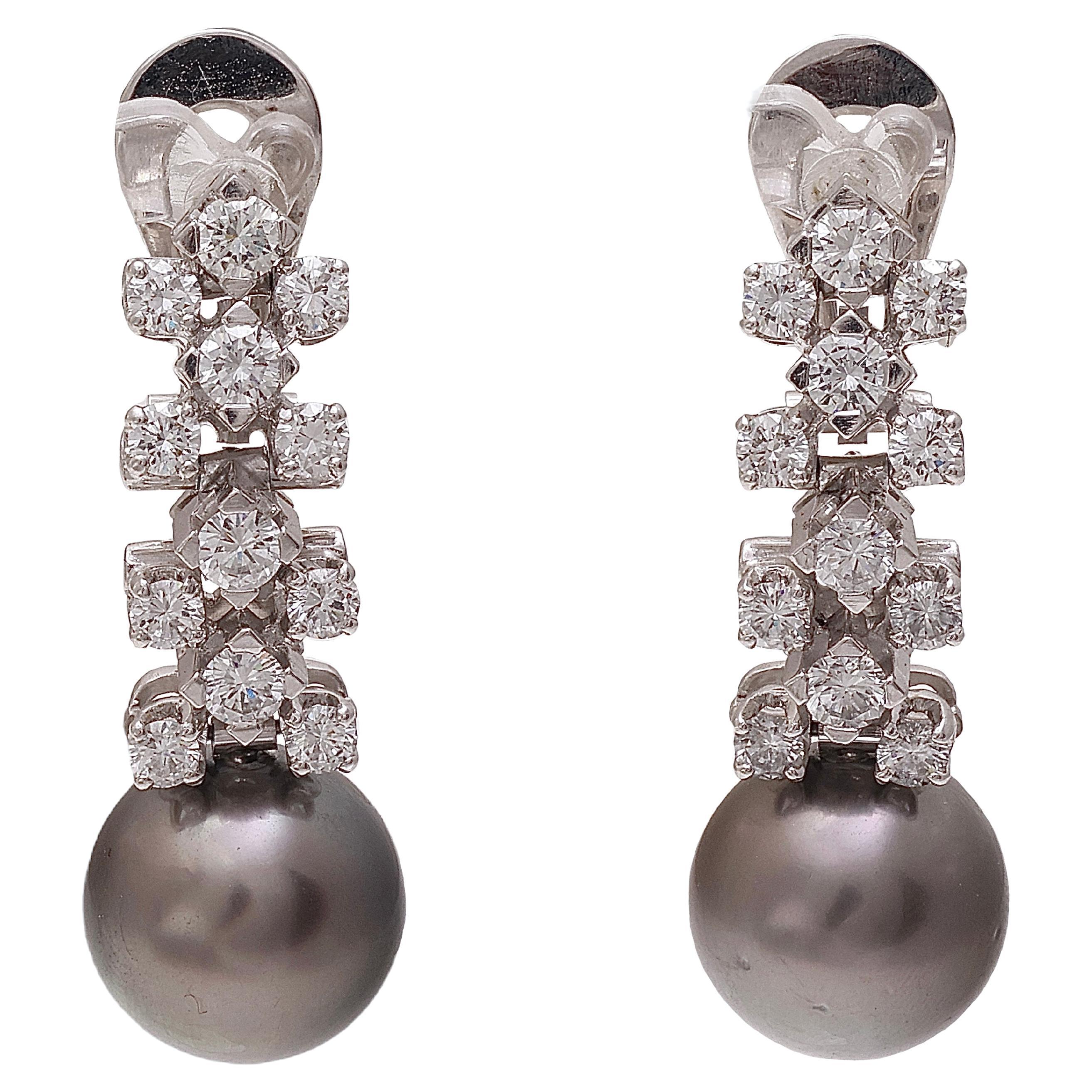 18kt White Gold Clip - On Earrings With 2.32 ct. Diamonds & Tahiti Pearls For Sale