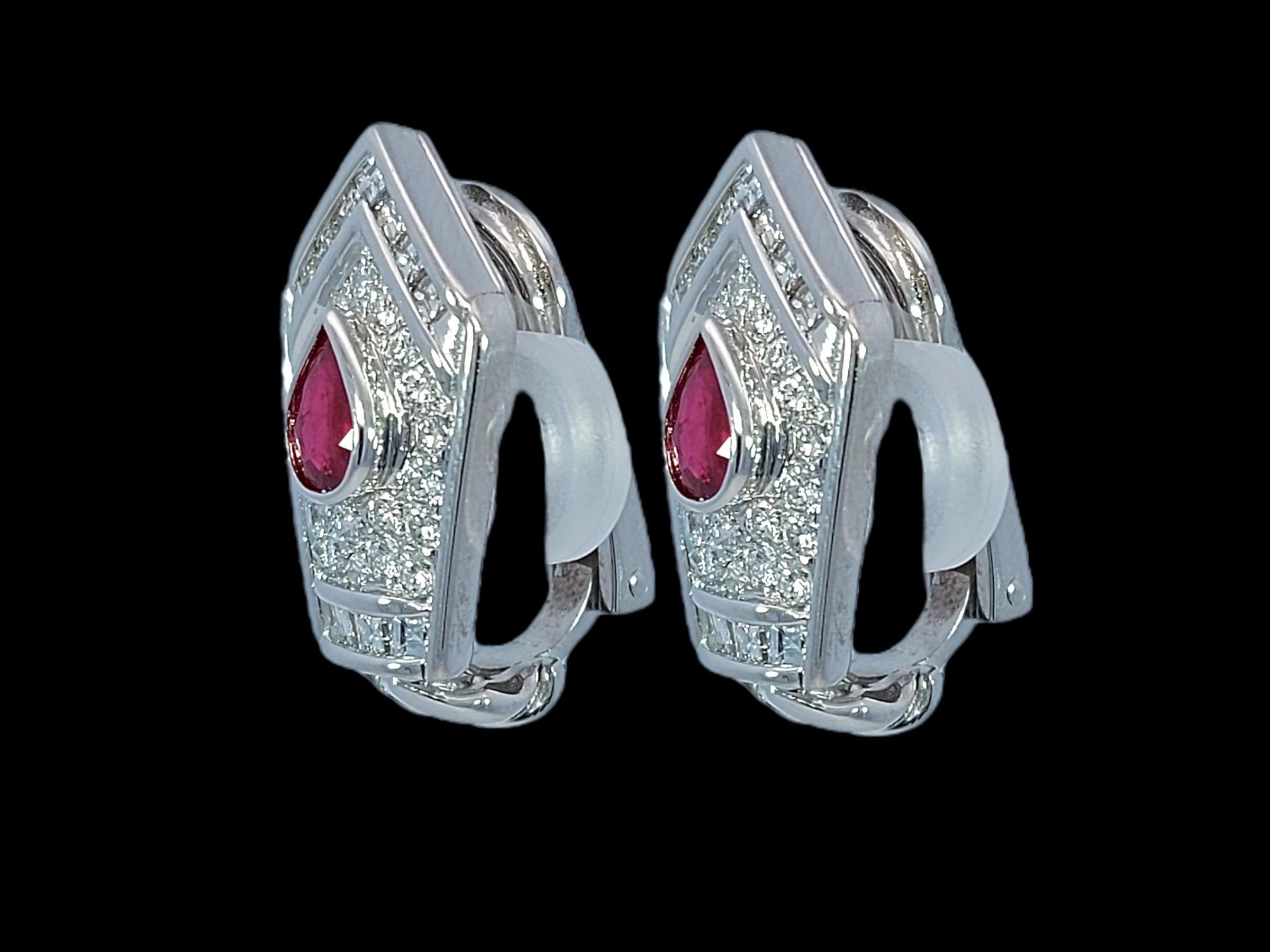 18kt White Gold Clip-On Earrings with Pear Shape Ruby and Diamonds  6