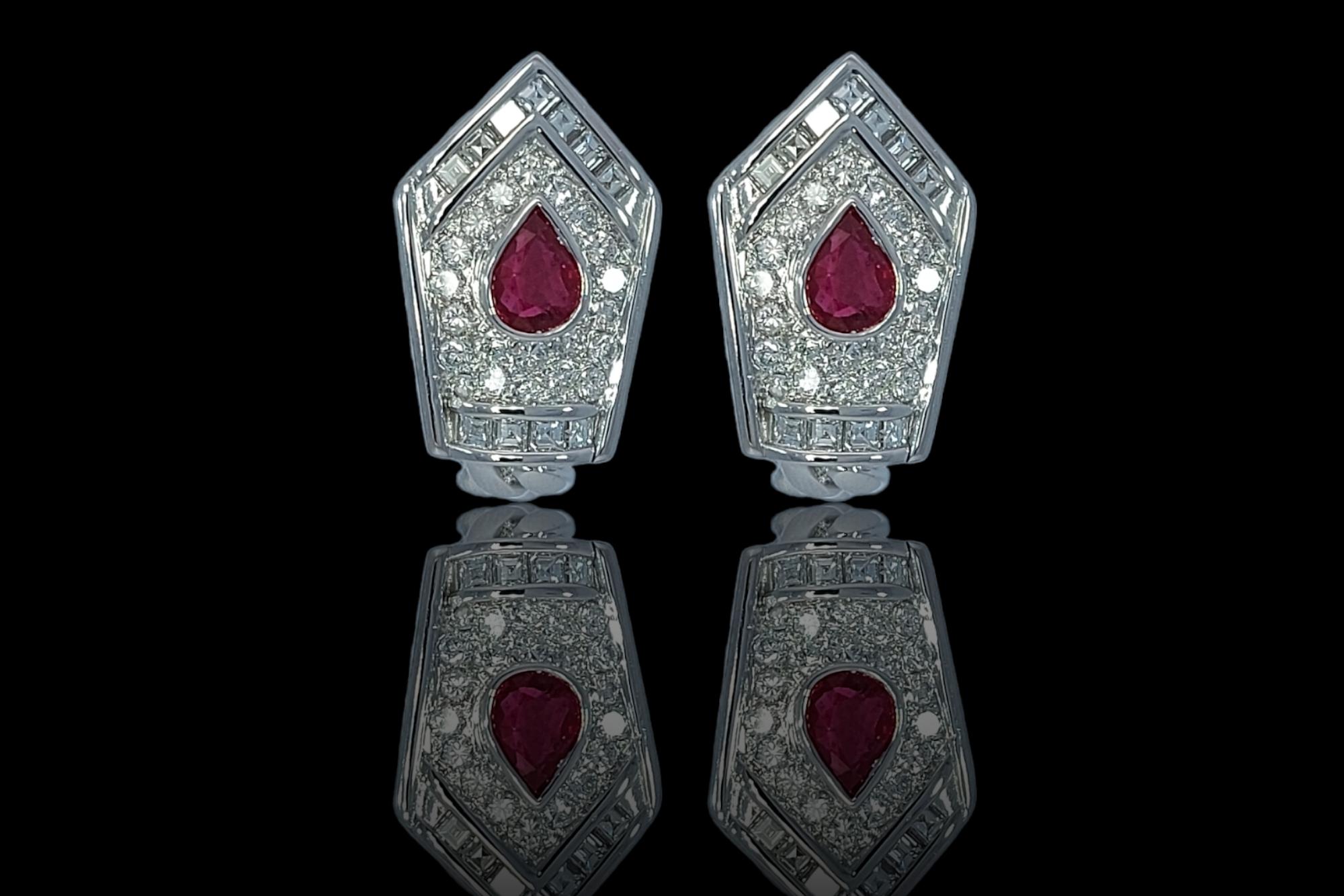 18kt White Gold Clip-On Earrings with Pear Shape Ruby and Diamonds  7