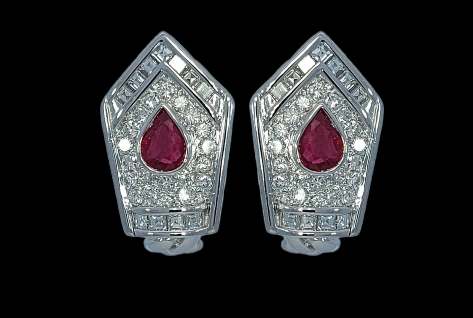 18kt White Gold Clip-On Earrings with Pear Shape Ruby and Diamonds  8