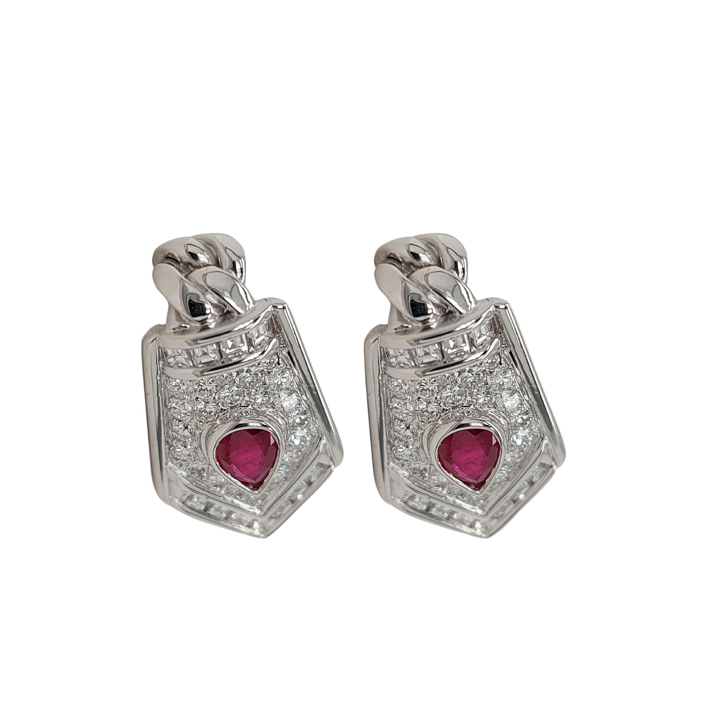 Artisan 18kt White Gold Clip-On Earrings with Pear Shape Ruby and Diamonds 