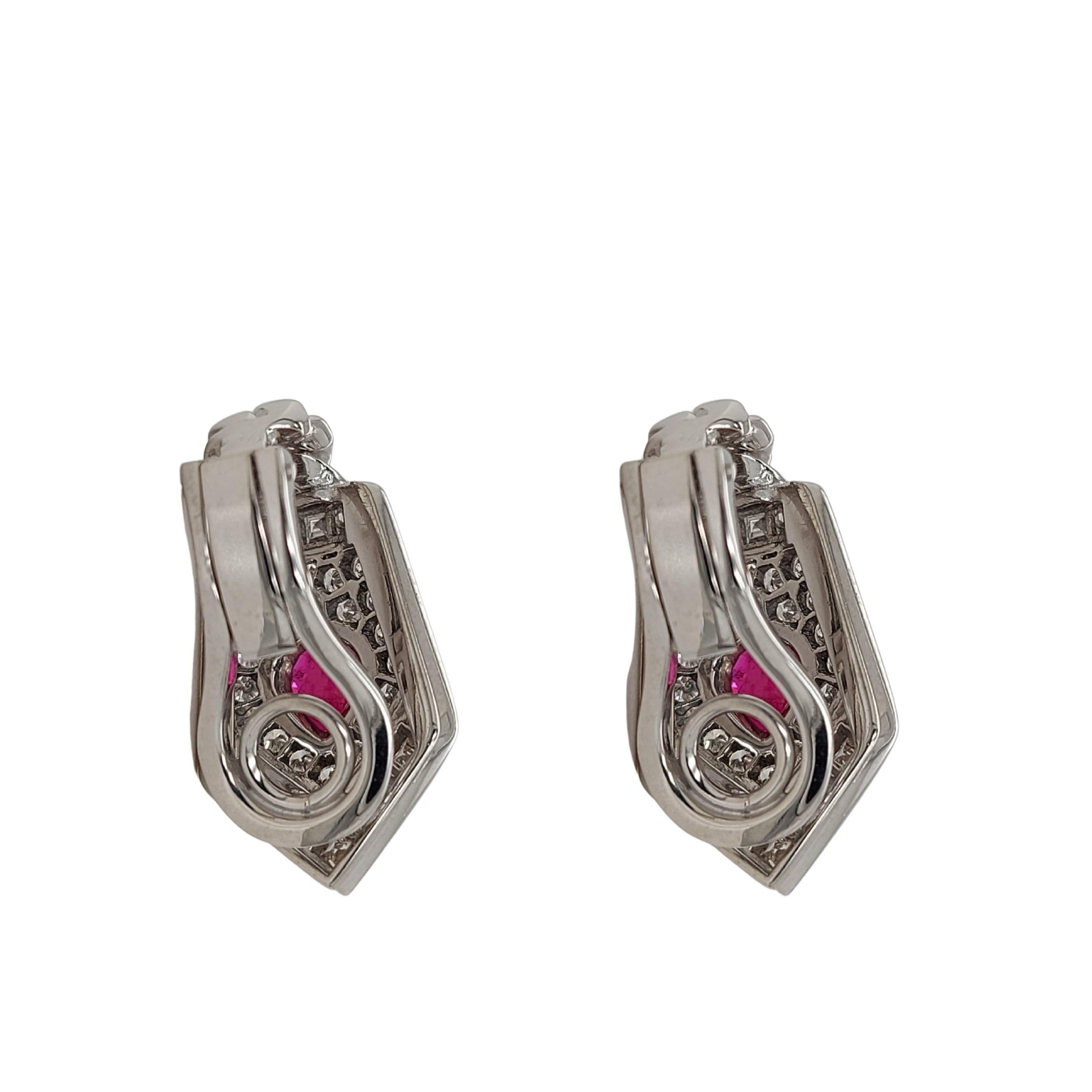 Women's or Men's 18kt White Gold Clip-On Earrings with Pear Shape Ruby and Diamonds 