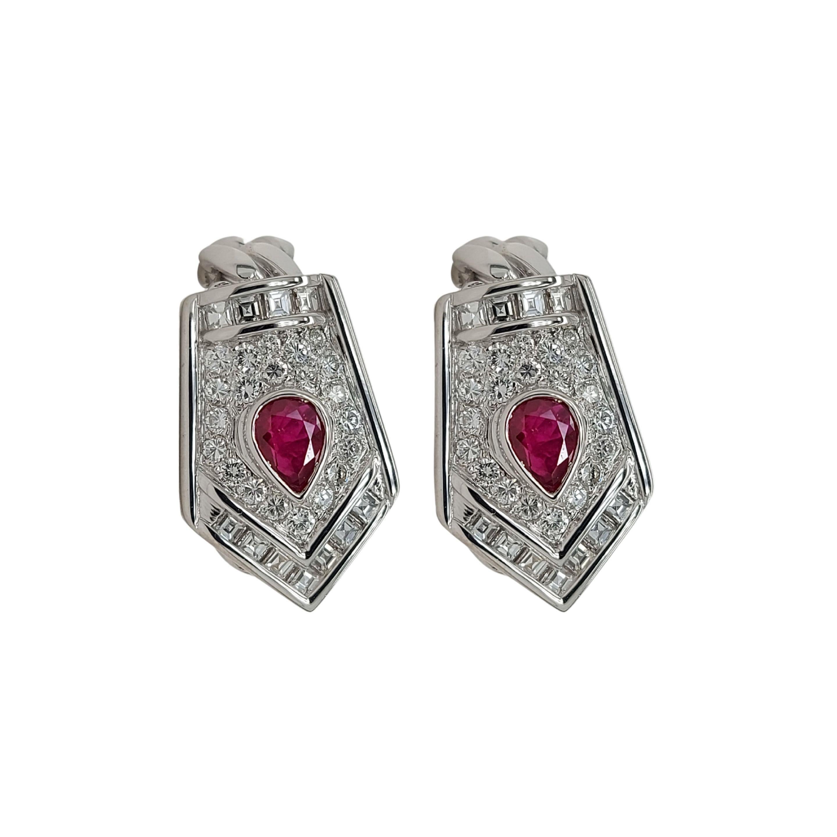 18kt White Gold Clip-On Earrings with Pear Shape Ruby and Diamonds  1