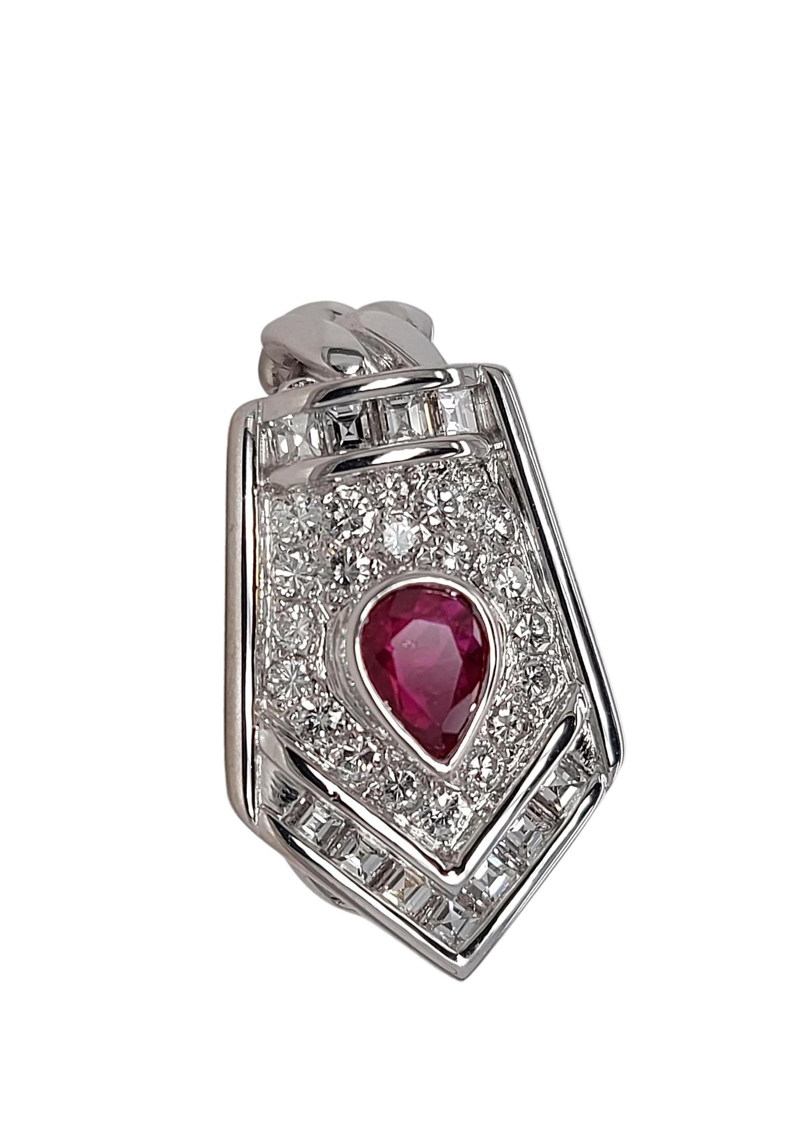 18kt White Gold Clip-On Earrings with Pear Shape Ruby and Diamonds  2