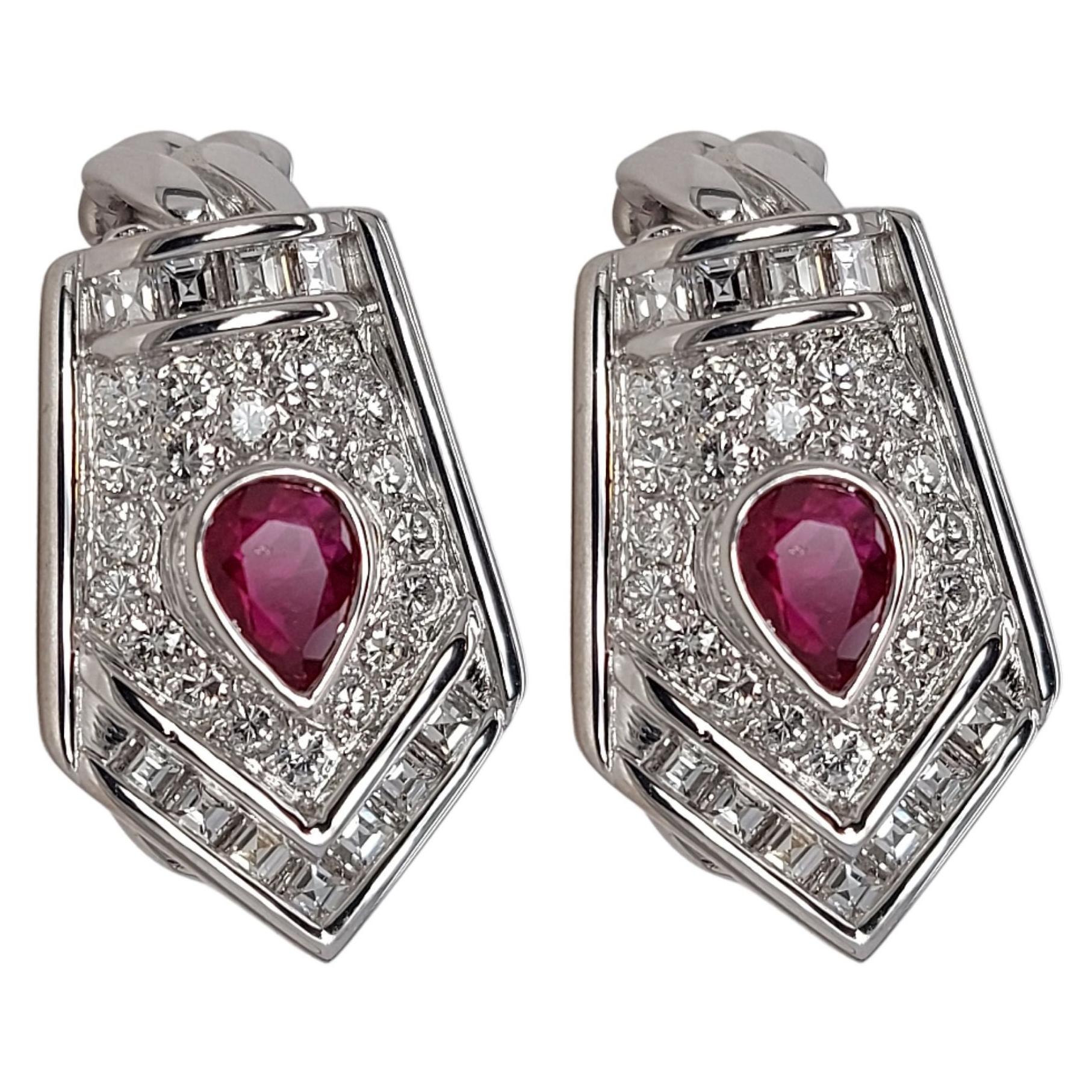 18kt White Gold Clip-On Earrings with Pear Shape Ruby and Diamonds 