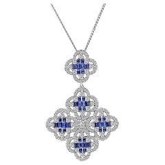 18Kt White Gold Clover Necklace Pendant Blue Sapphire Gemstones & White Diamond 