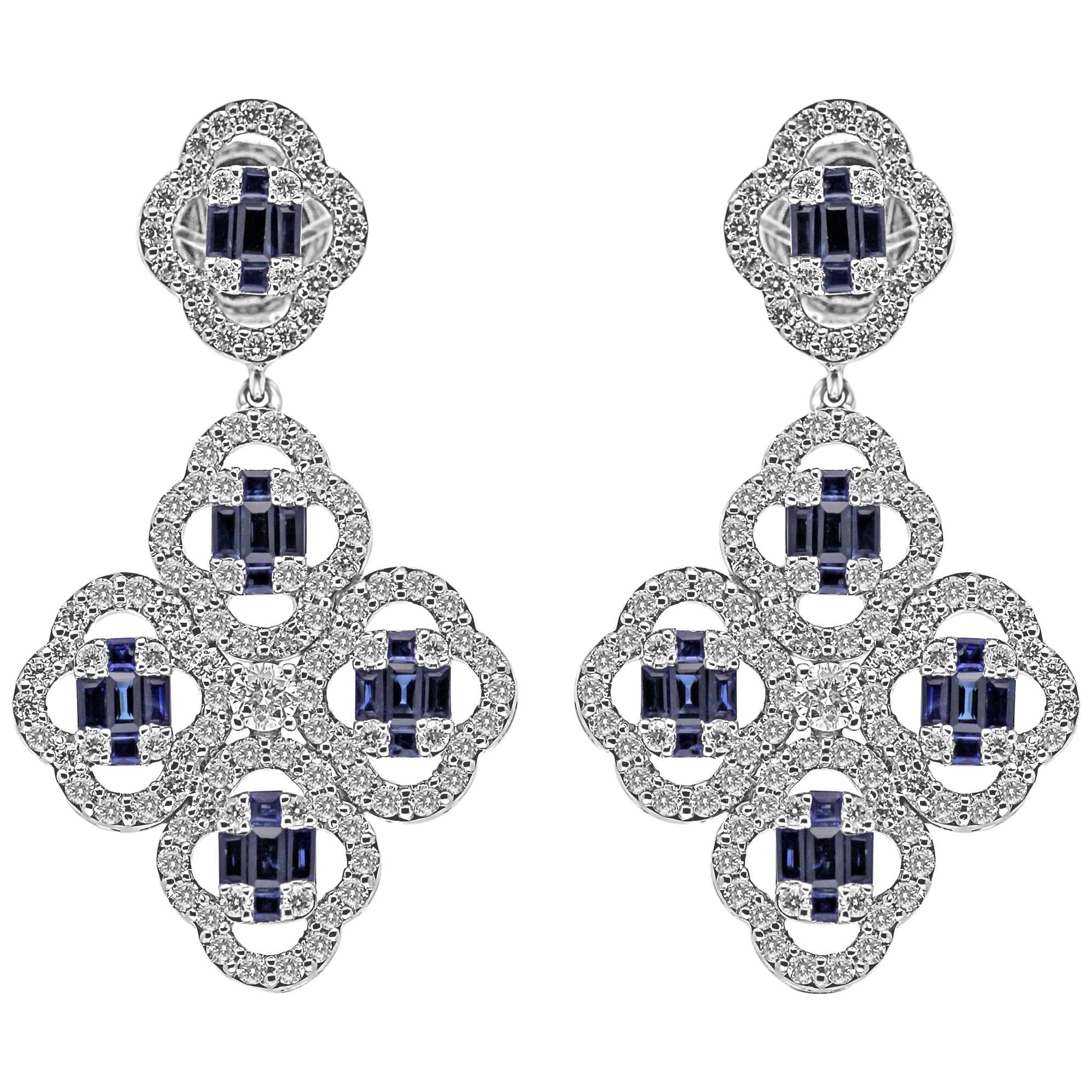 18Kt White Gold Clover Push-Back Earrings Diamond & Blue Sapphire Gemstones