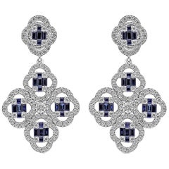 18Kt White Gold Clover Push-Back Earrings Diamond & Blue Sapphire Gemstones