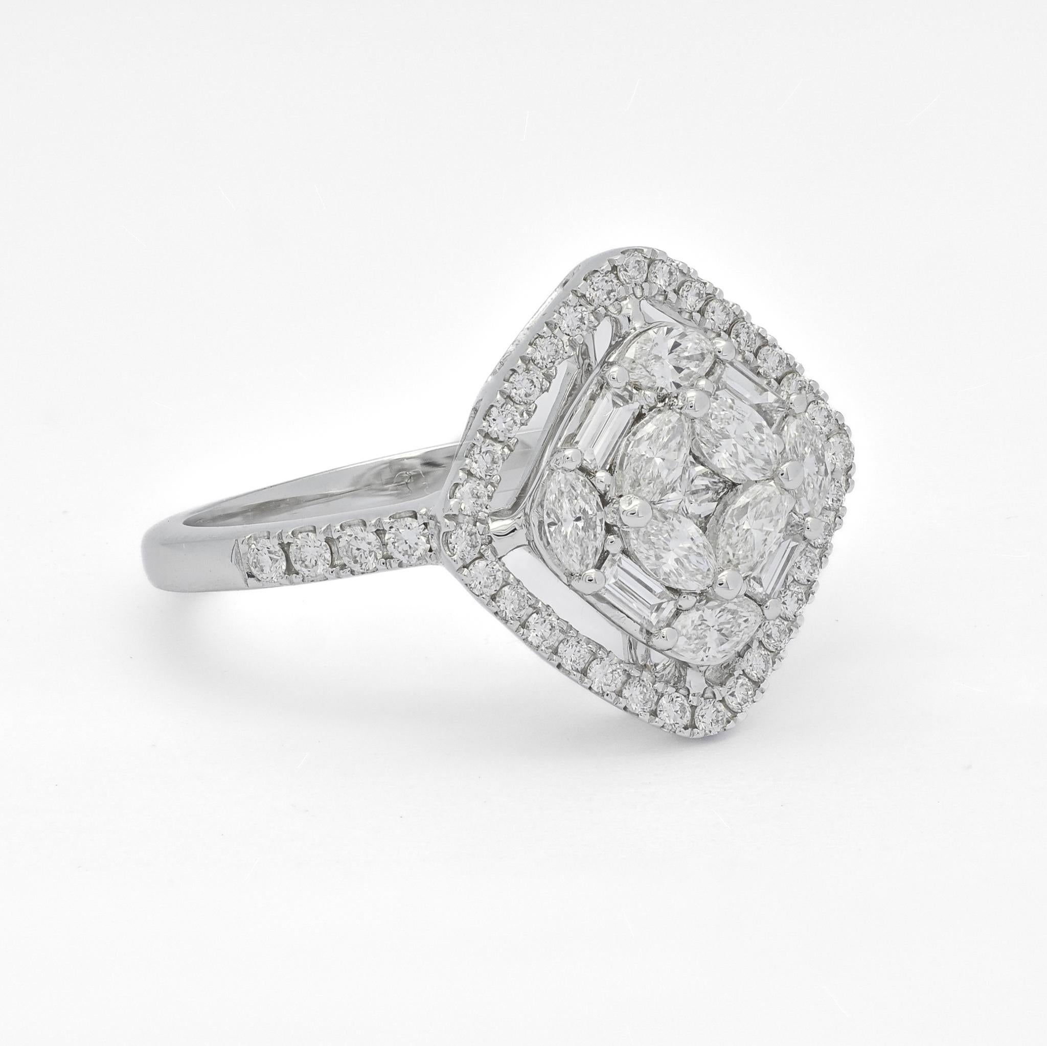 Prepare to be captivated by the sheer brilliance of this stunning ring, adorned with a dazzling array of Baguette, Princess, Marquise, and round-shape diamonds set in luxurious 18k white gold. With a total carat weight of 1.00 carats, this ring