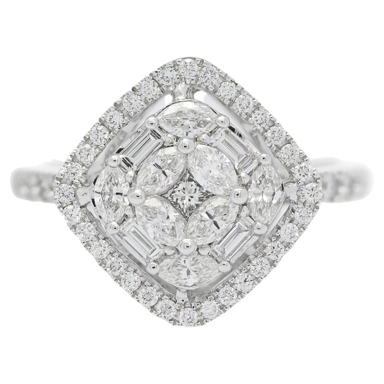  Natural Diamonds 1.00 carats 18KT White Gold Cluster Statement Ring