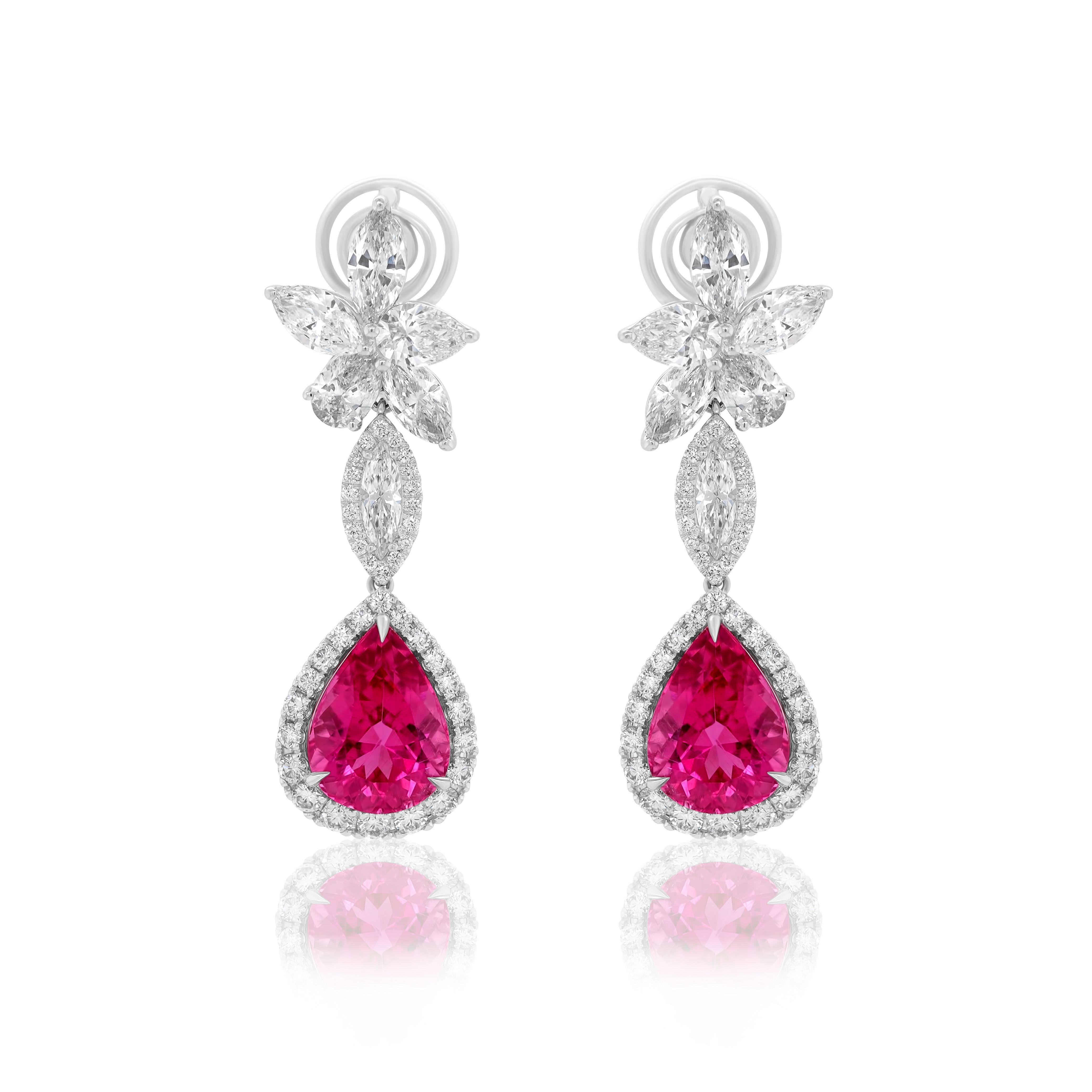 Women's 18kt White Gold Cluster Pink Tourmaline and Diamonds Earrings For Sale