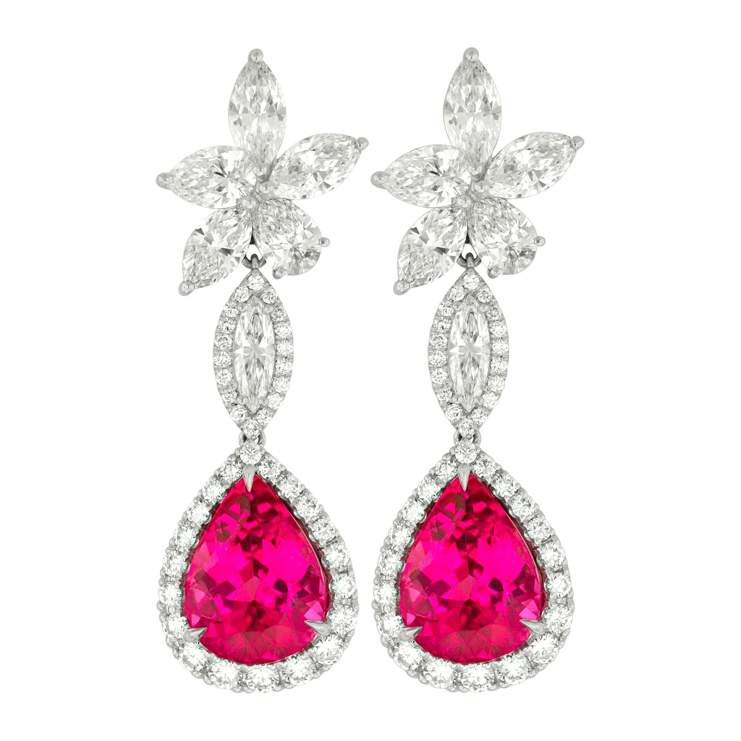 18kt White Gold Cluster Pink Tourmaline and Diamonds Earrings For Sale