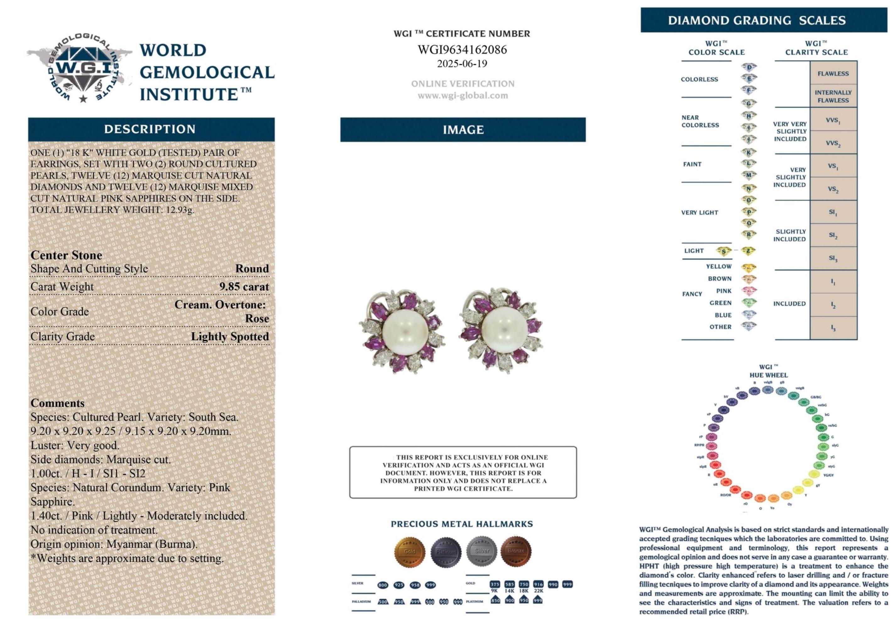 Orecchini in oro bianco 18kt con perle coltivate, diamanti e zaffiri rosa, perle dei mari del sud 9,85 carati

Descrizione:
Un paio di orecchini in oro bianco 18kt, ciascuno con una perla di coltura rotonda dei Mari del Sud del peso totale di 9,85