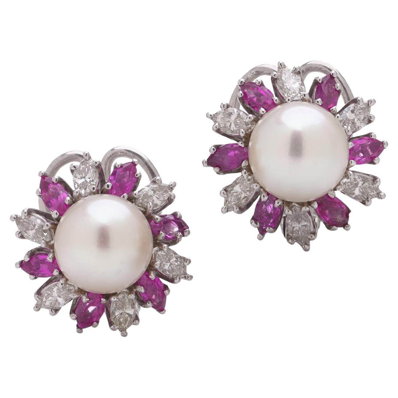 Orecchini con perle coltivate, diamanti e zaffiri rosa in oro bianco 18 carati, perle dei mari del Sud