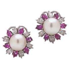 Orecchini con perle coltivate, diamanti e zaffiri rosa in oro bianco 18 carati, perle dei mari del Sud