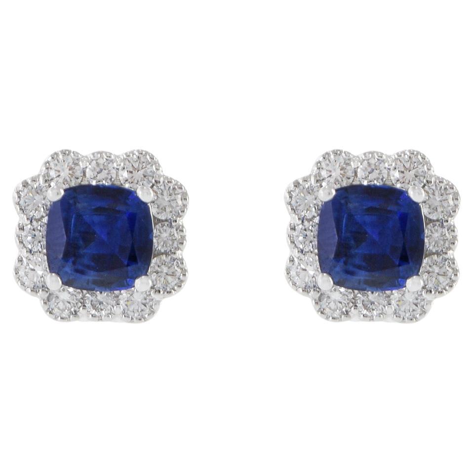 18KT White Gold Cushion Cut Blue Sapphire And Diamond Earrings