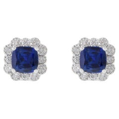 18KT White Gold Cushion Cut Blue Sapphire And Diamond Earrings