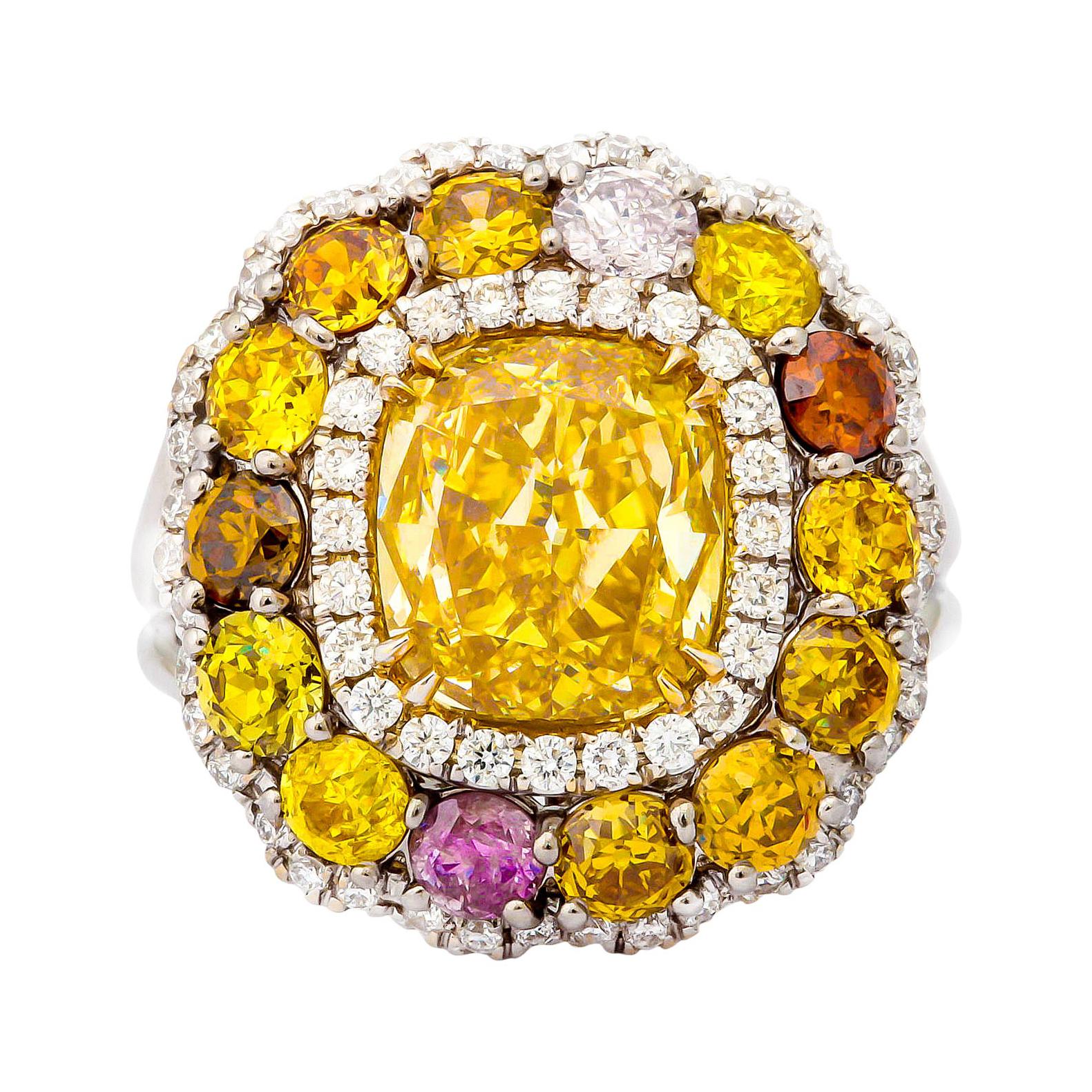18KT White Gold Cushion Cut Diamond Ring with Fancy Yellow Brownish Center For Sale