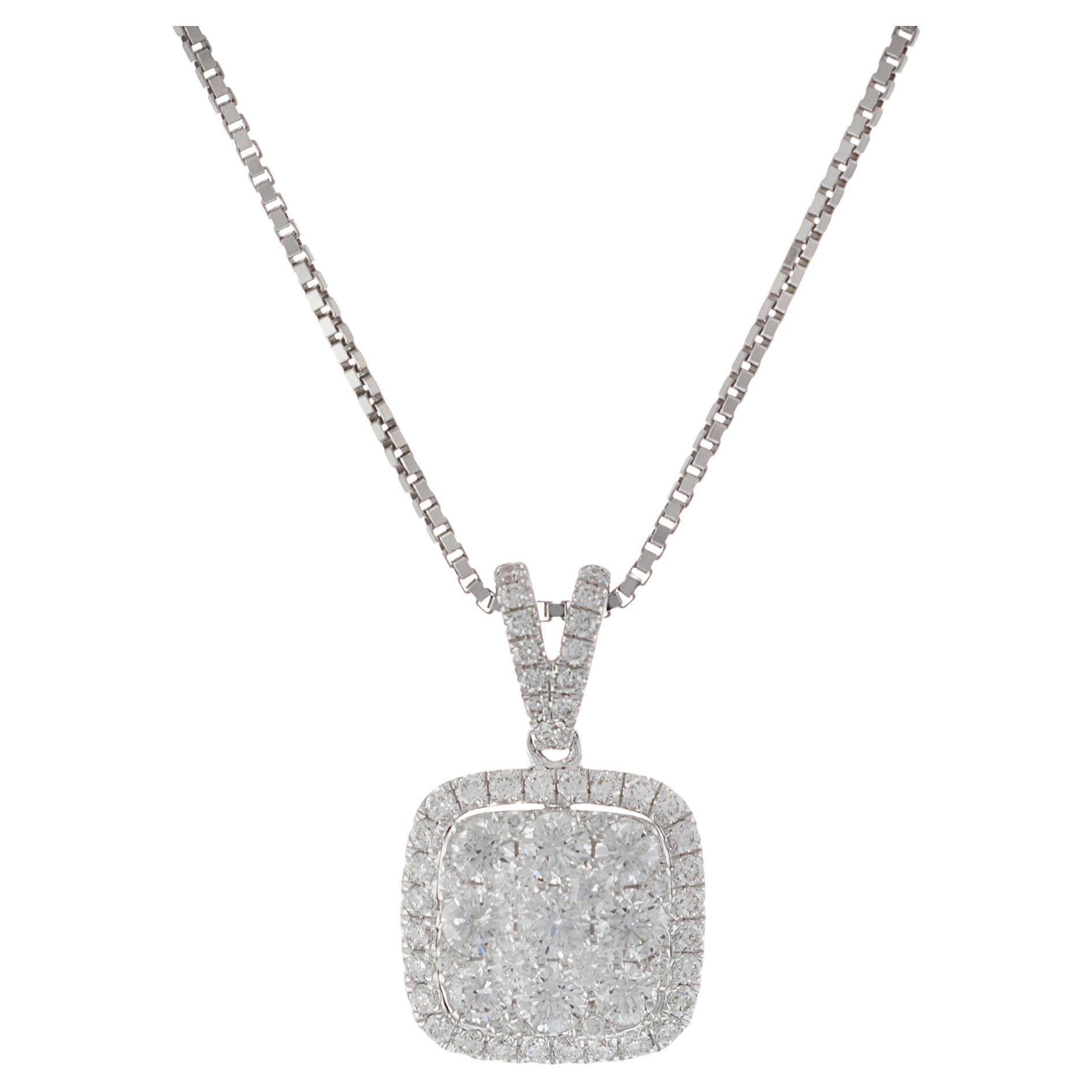 18KT White Gold Cushion Shape Pendant with Round Cut Diamonds With Chain