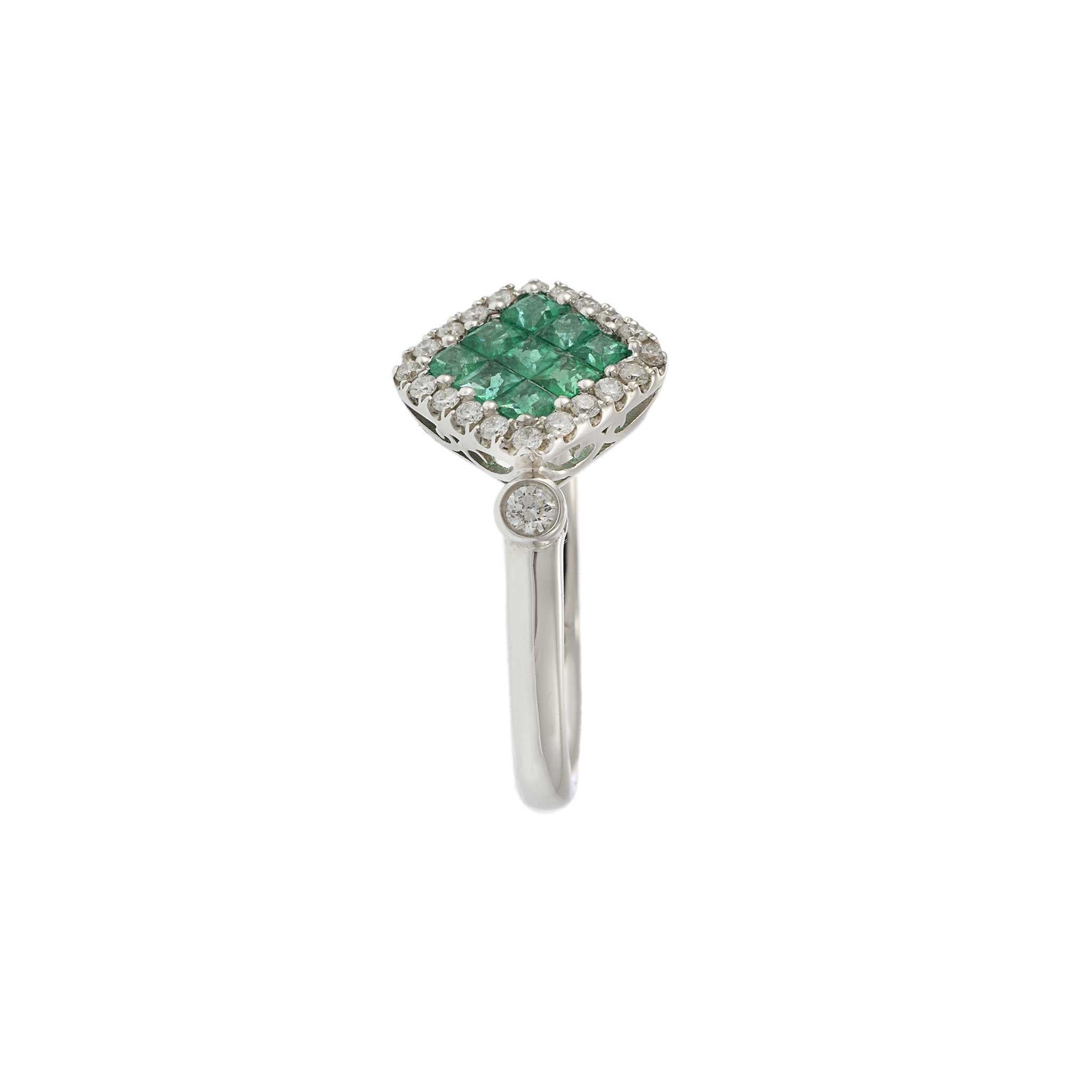 Cushion Cut 18KT White Gold Cushion Style Halo Emerald and Diamond Ring For Sale