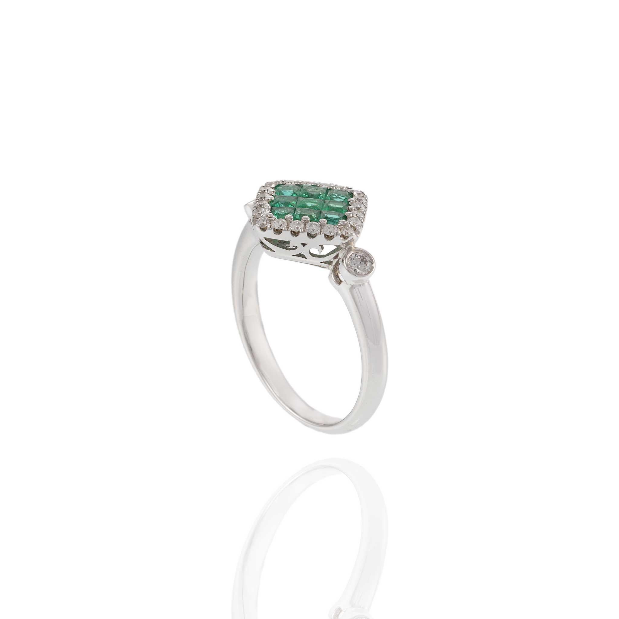 18KT White Gold Cushion Style Halo Emerald and Diamond Ring For Sale 1