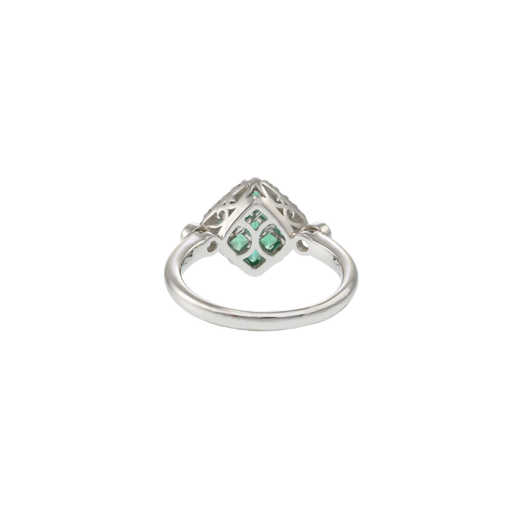 18KT White Gold Cushion Style Halo Emerald and Diamond Ring For Sale 2