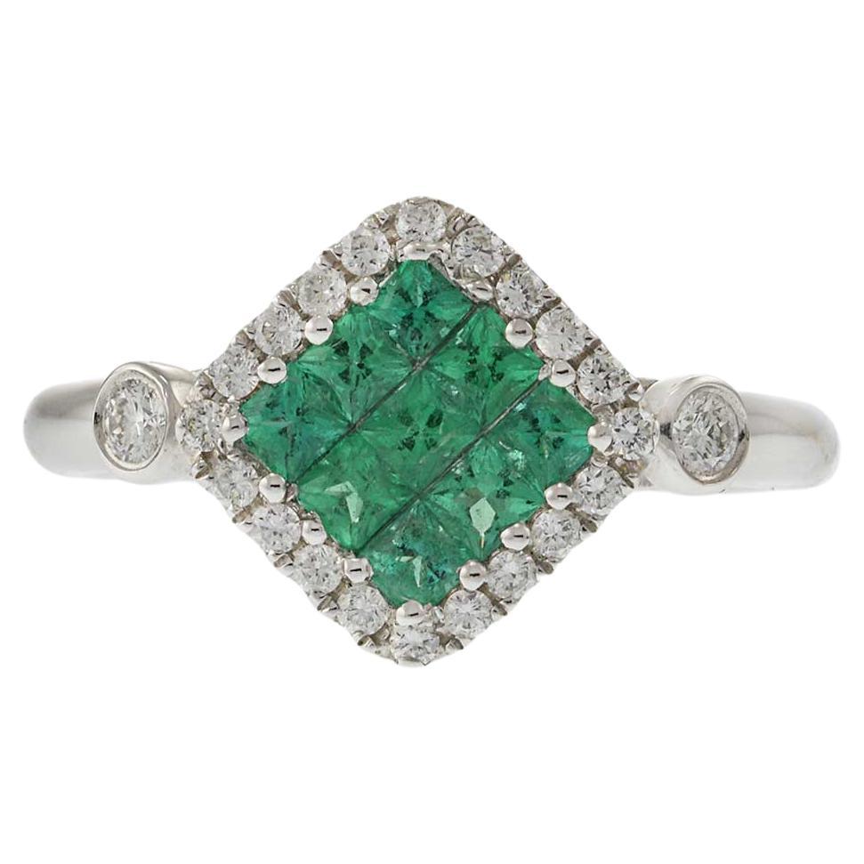 18KT White Gold Cushion Style Halo Emerald and Diamond Ring For Sale