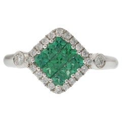 18KT White Gold Cushion Style Halo Emerald and Diamond Ring