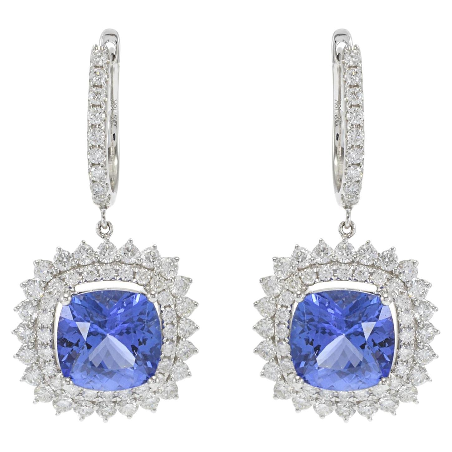 Boucles d'oreilles pendantes en or blanc 18KT Tanzanite coussin et diamant
