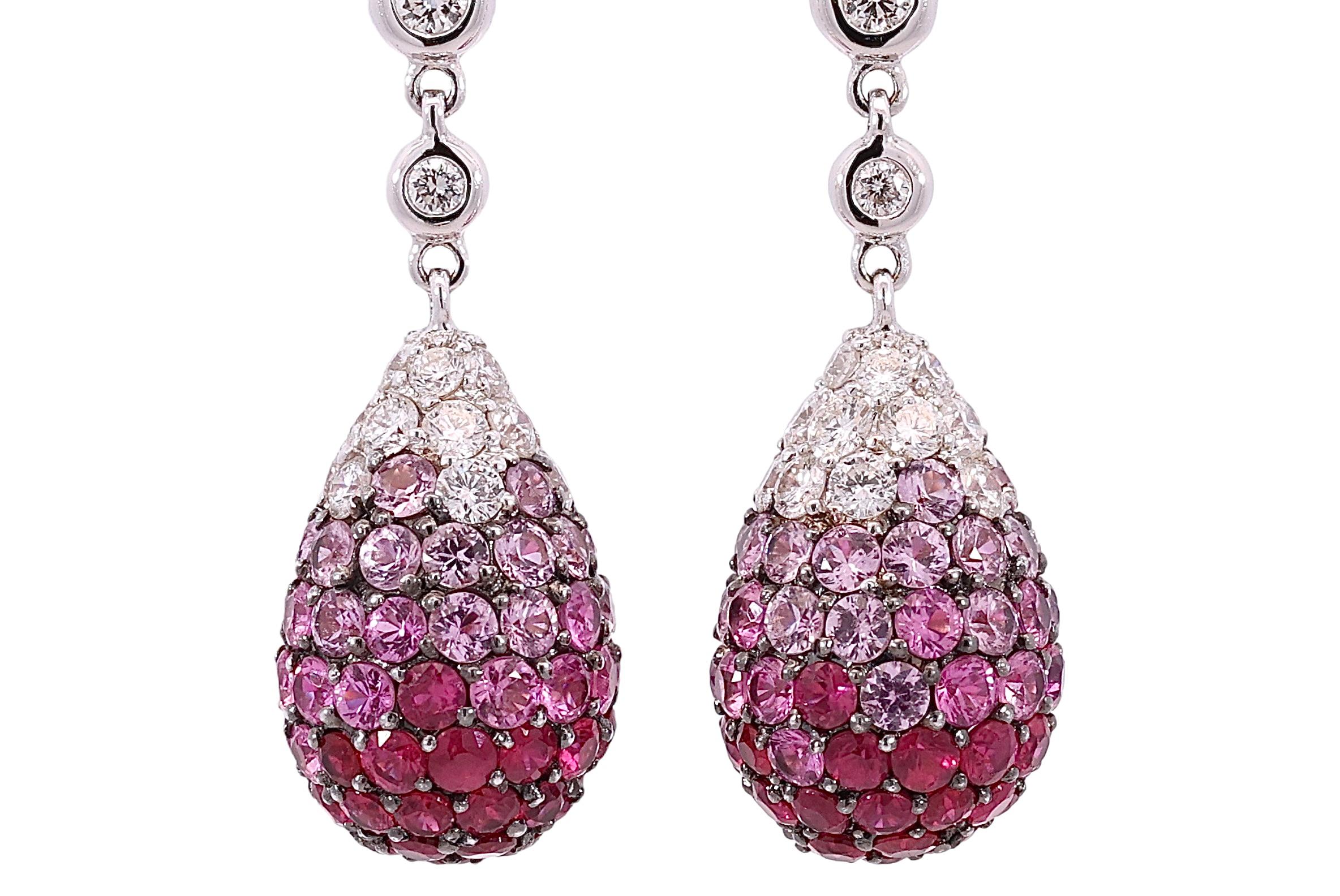 Contemporary 18kt White gold Dangling Earrings, 2.5ct Diamonds, 3.57 Ruby, 5.20 Sapphire For Sale