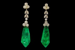 18kt White Gold Dangling Earrings with 32ct Emeralds and 1.46ct Diamonds, Estate