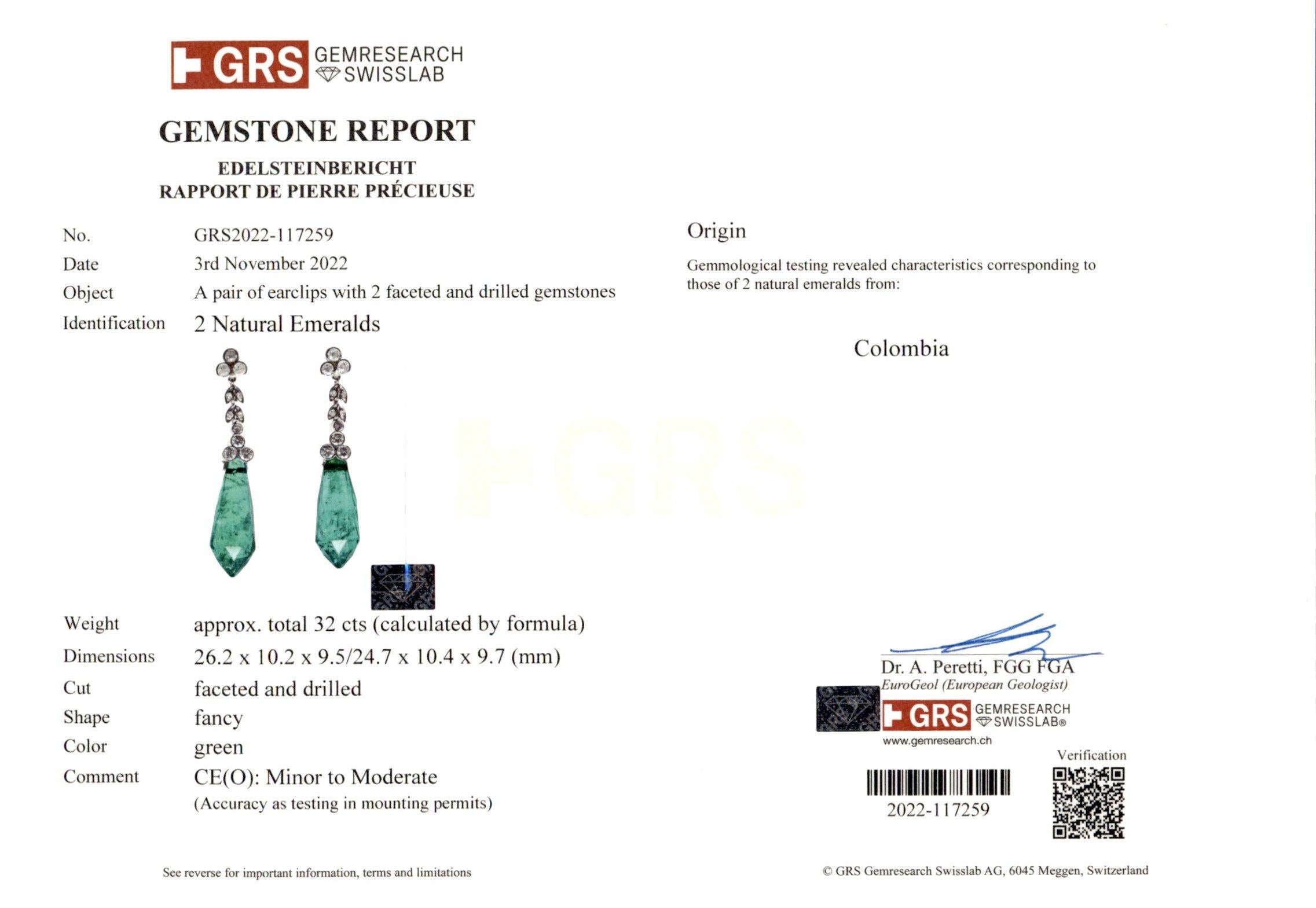 18kt White Gold Dangling Earrings with 32ct Emeralds and 1.46ct Diamonds, Estate For Sale 2