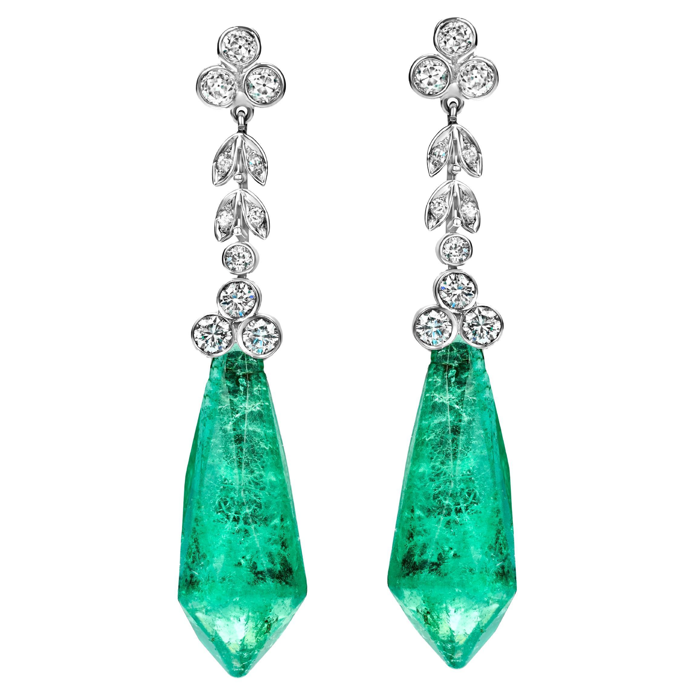 18kt White Gold Dangling Earrings with 32ct Emeralds and 1.46ct Diamonds, Estate For Sale