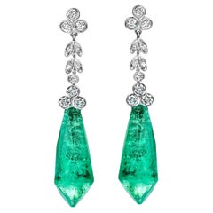 Vintage 18kt White Gold Dangling Earrings with 32ct Emeralds and 1.46ct Diamonds, Estate