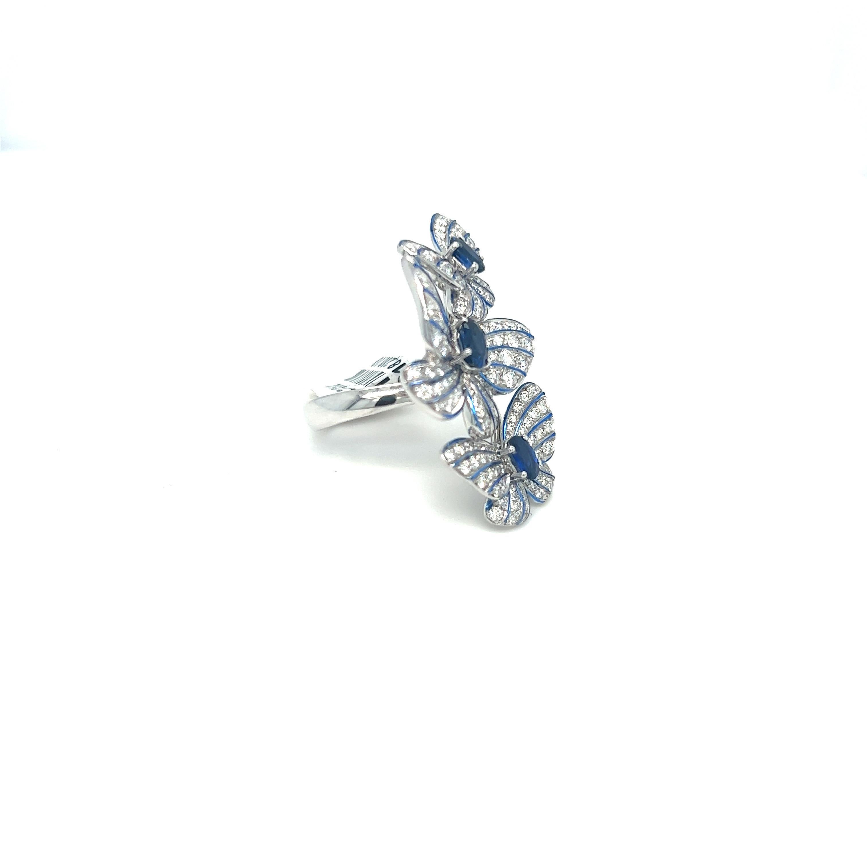 Oval Cut 18kt White Gold Diamond 1.56ct. Blue Sapphire 1.18 Carat Triple Butterfly Ring For Sale