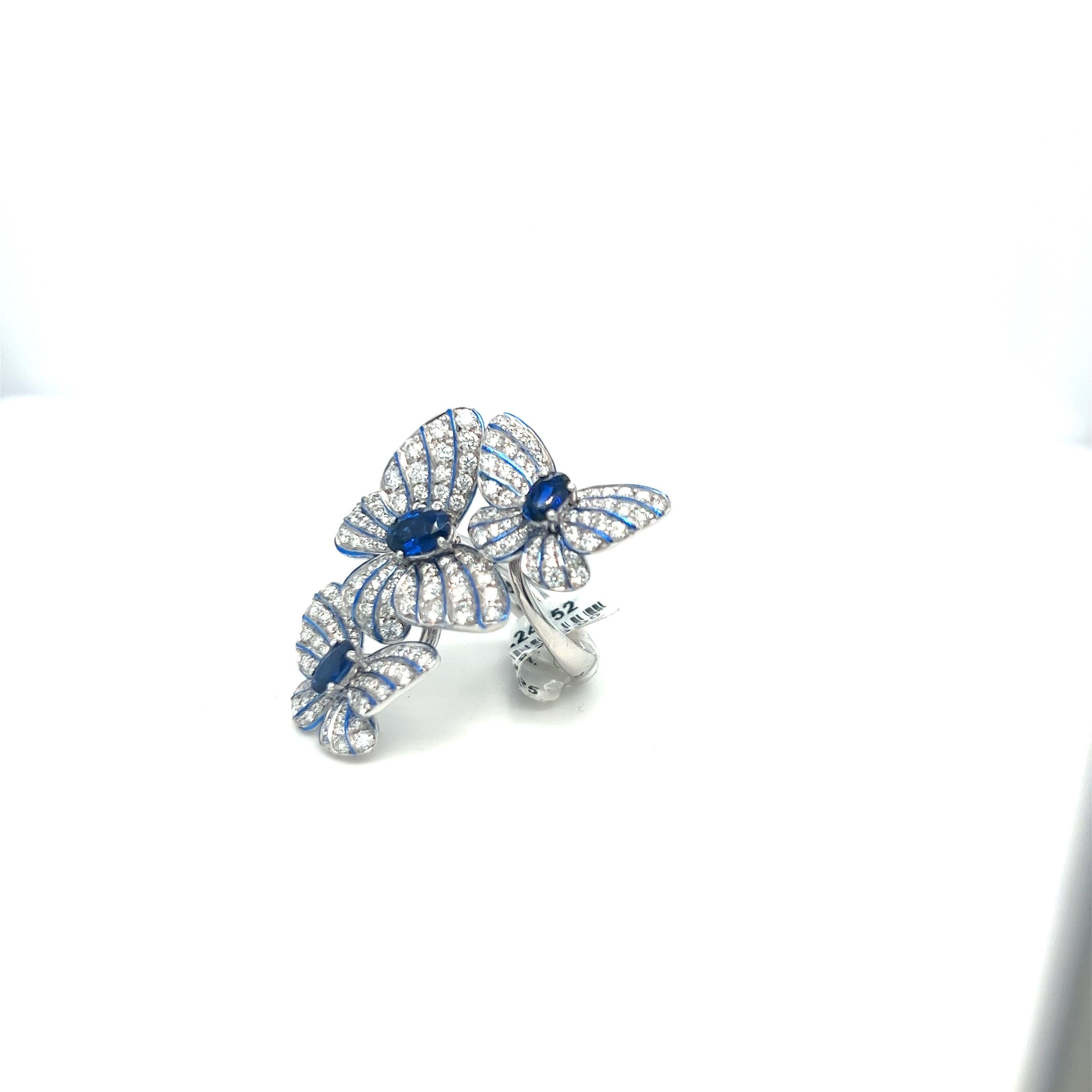 18kt White Gold Diamond 1.56ct. Blue Sapphire 1.18 Carat Triple Butterfly Ring In New Condition For Sale In New York, NY