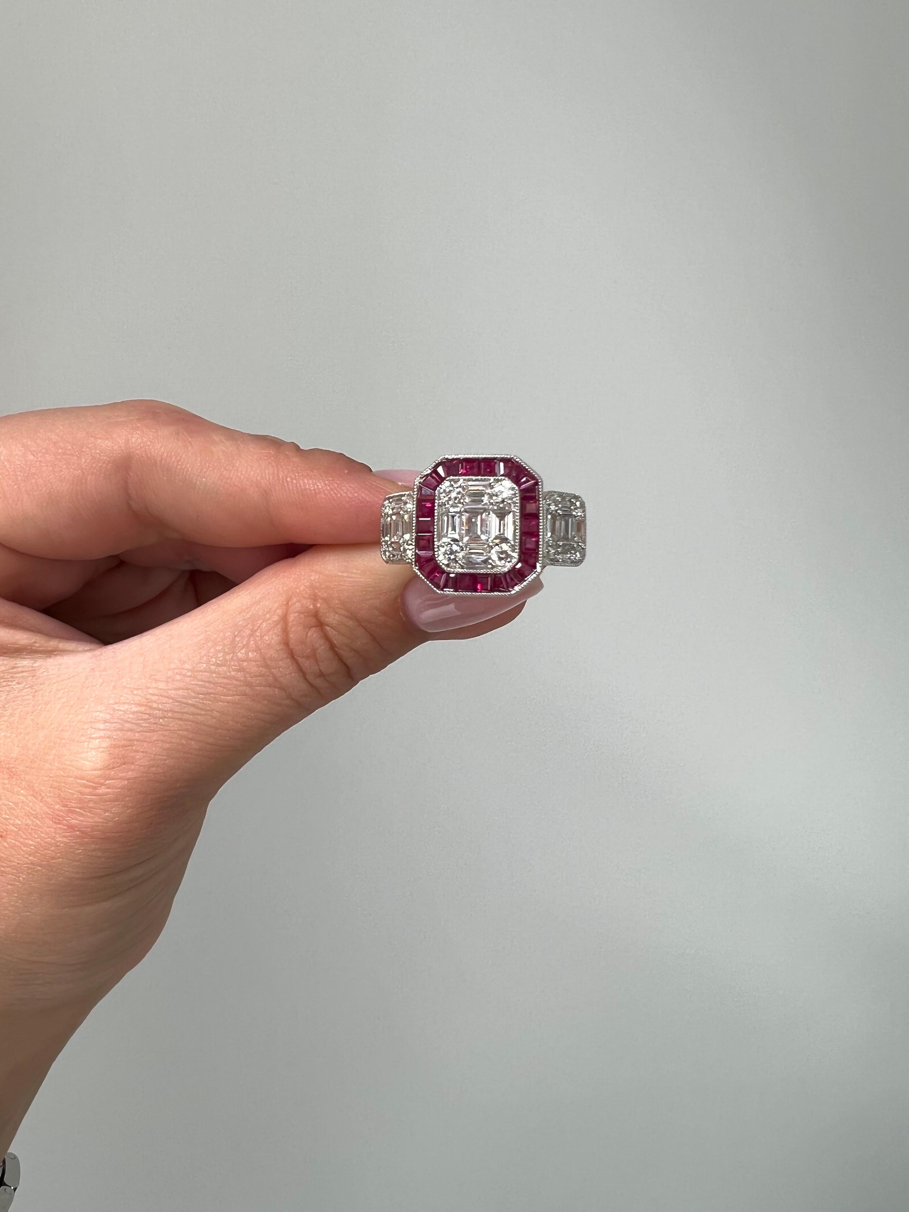 Baguette Cut 18KT White Gold Diamond 3 Cluster Rubies Stone Engagement Ring R18528  For Sale