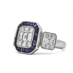 Natural Diamond 1.24 carats 18KT Gold 3 Cluster Blue Sapphire Engagement Ring