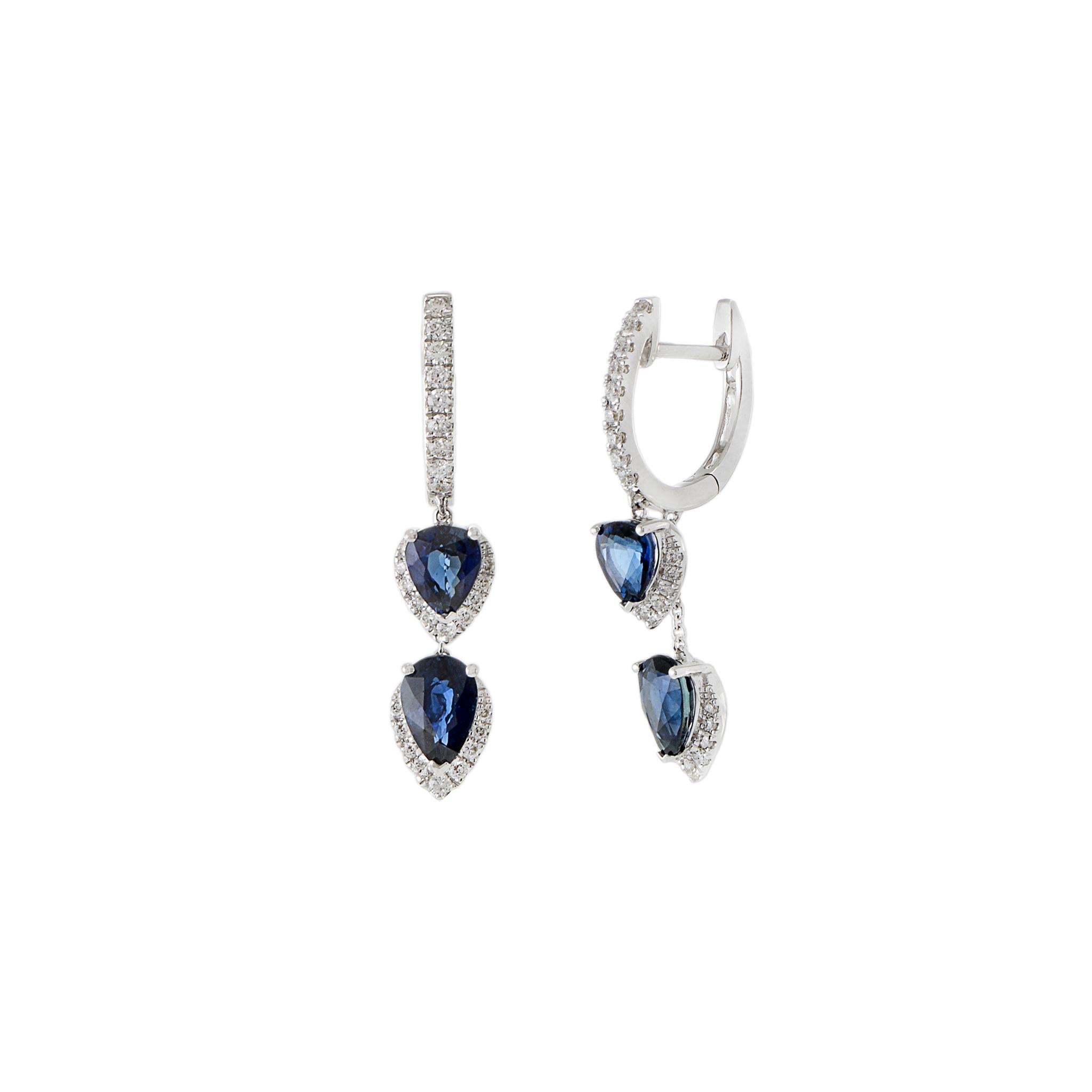 Pear Cut 18KT White Gold Diamond And Blue Sapphire Drop Earrings For Sale