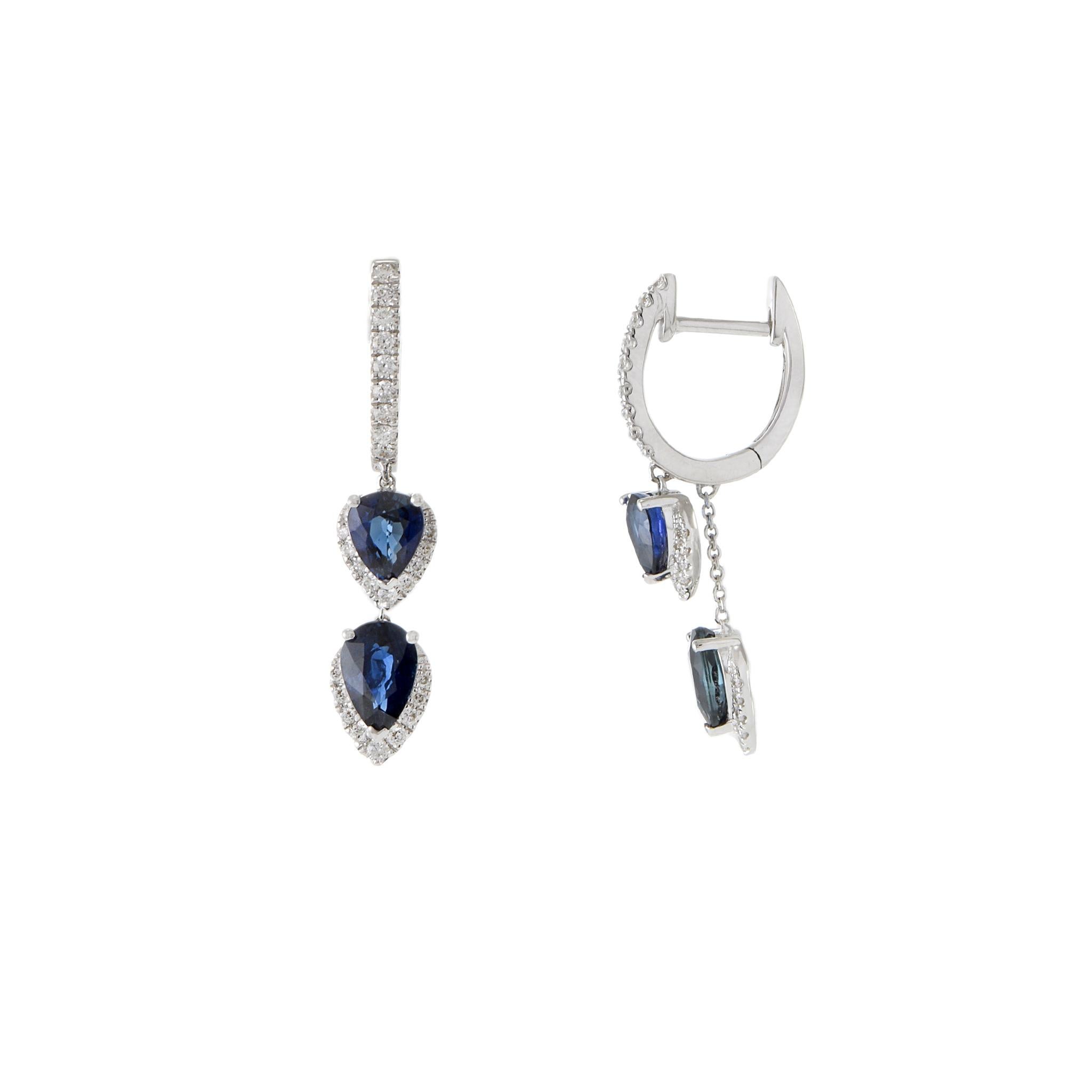 Women's 18KT White Gold Diamond And Blue Sapphire Drop Earrings For Sale