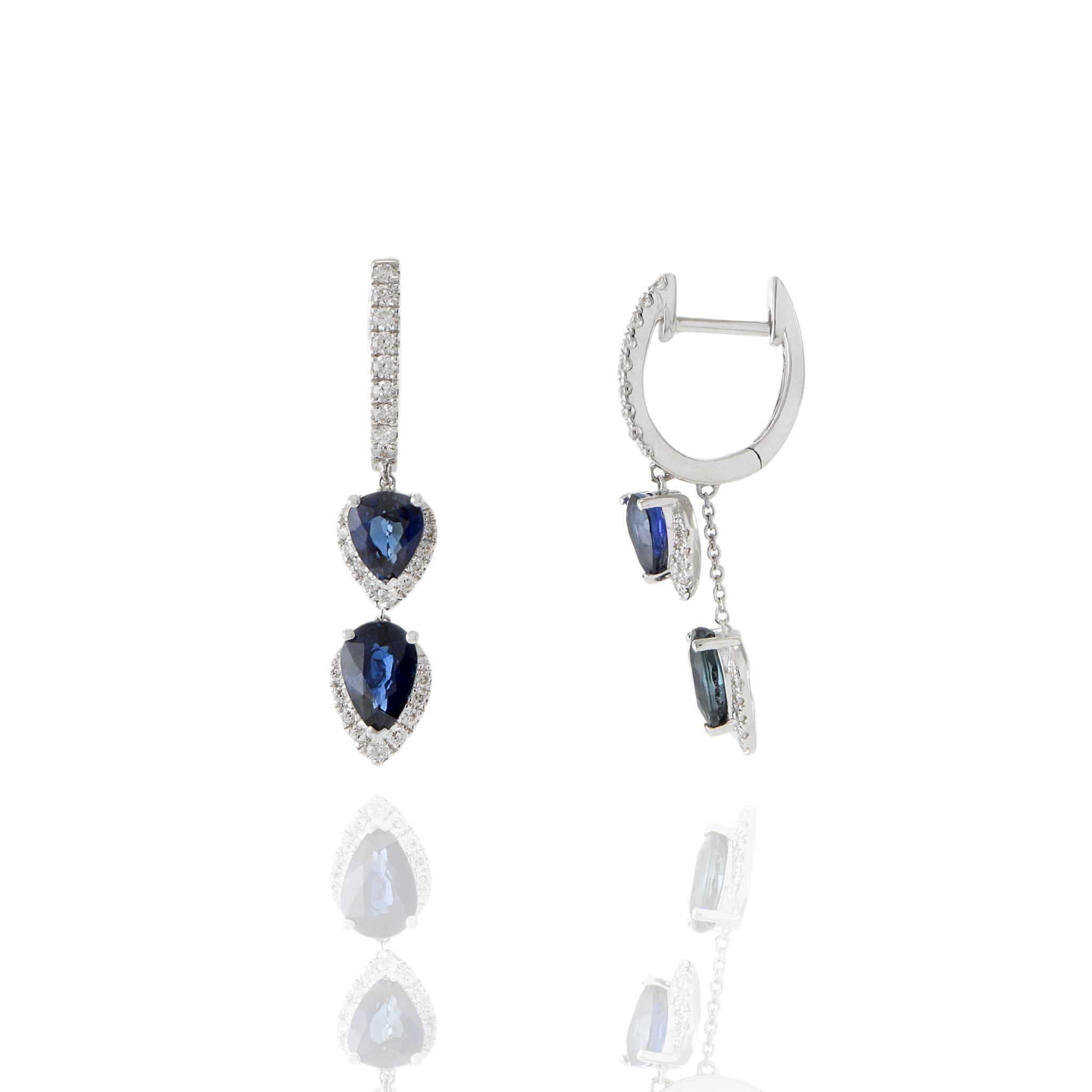 18KT White Gold Diamond And Blue Sapphire Drop Earrings For Sale 1
