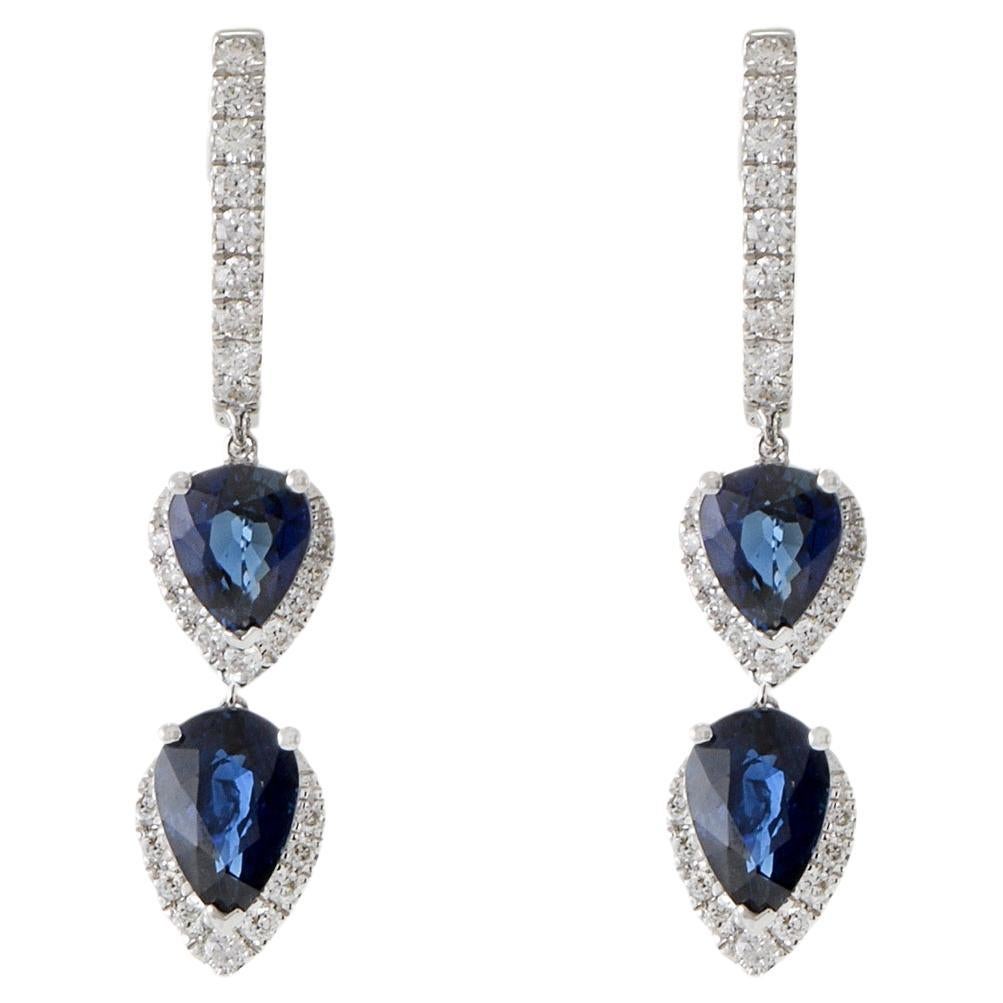 Pendientes Gota Oro Blanco 18KT Diamante y Zafiro Azul